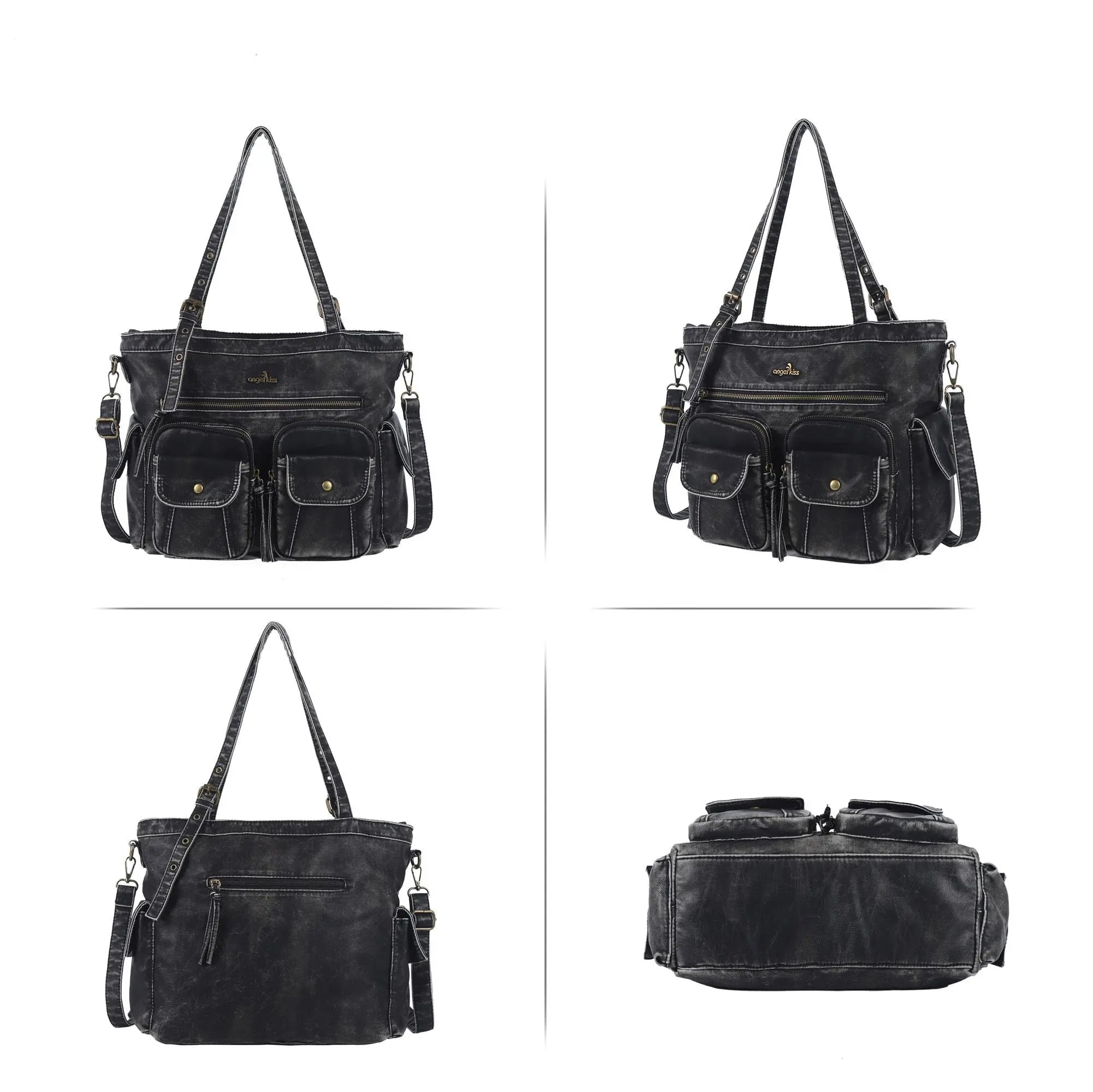 Washed Black Multi-Pocket Tote Shoulder Bag
