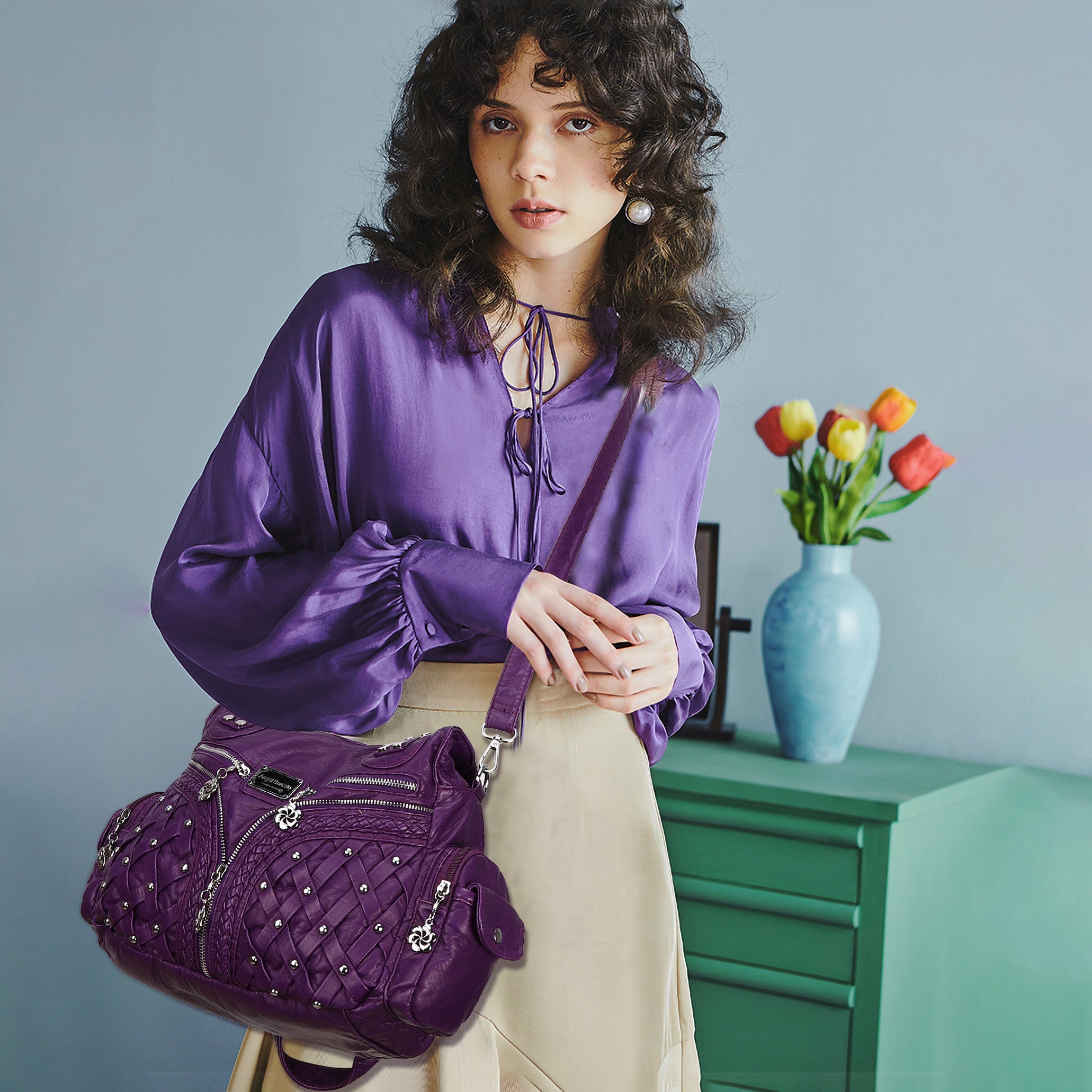Women Large Capacity Hobo Handbag Washed PU Leather