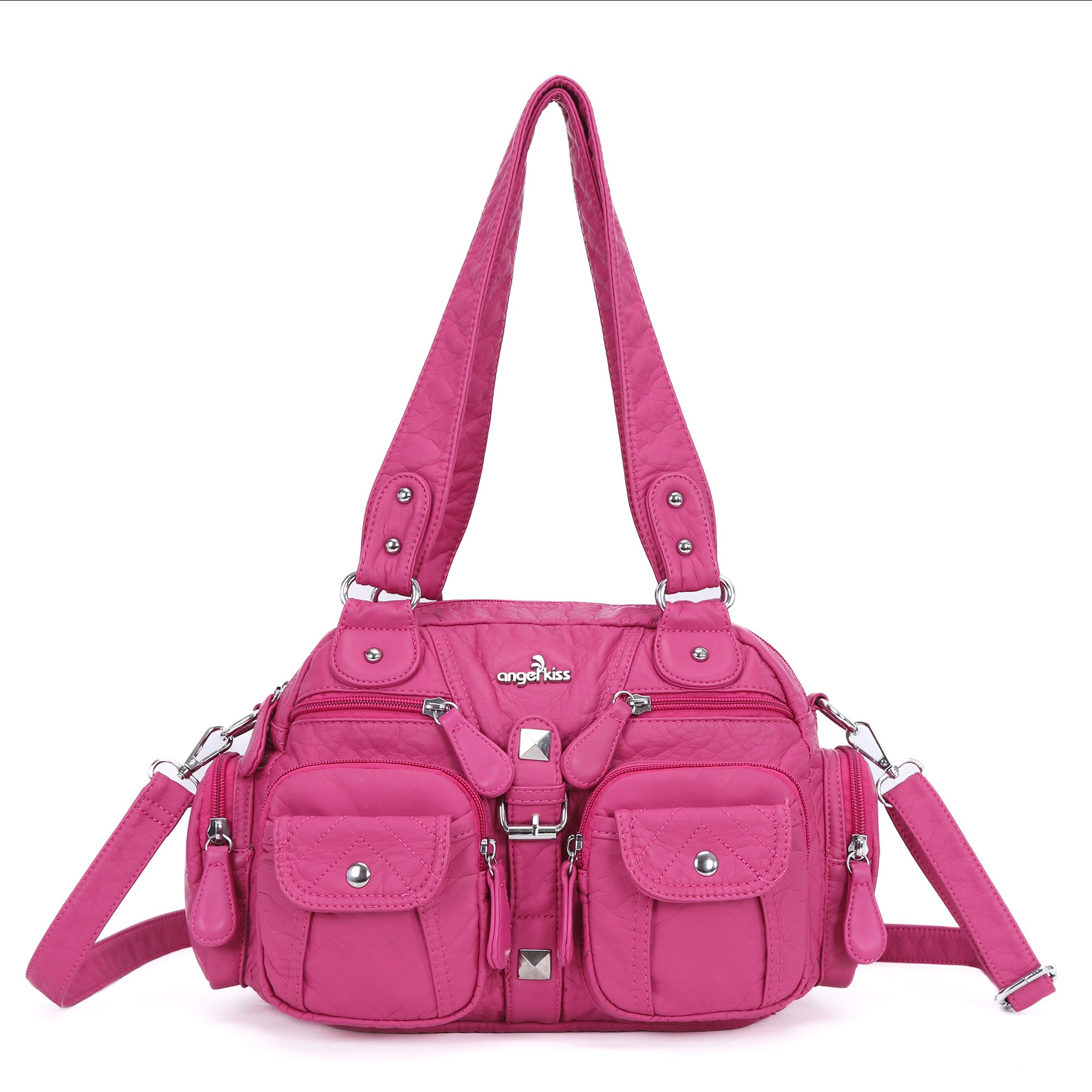 Studded Multi-Pocket Shoulder Bag with Buckle Accents