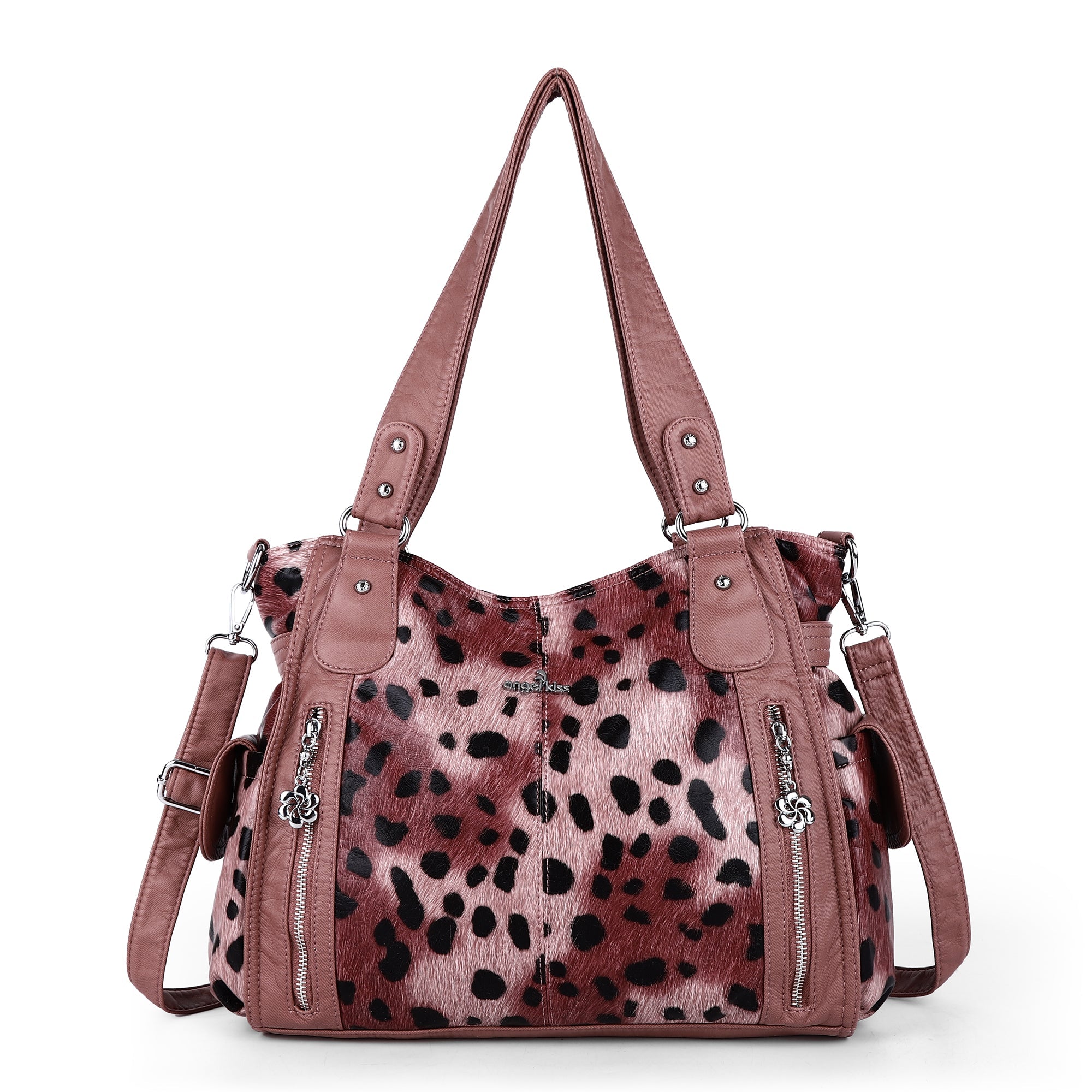 Leopard Print Shoulder Bag with Multiple Zip Pockets
