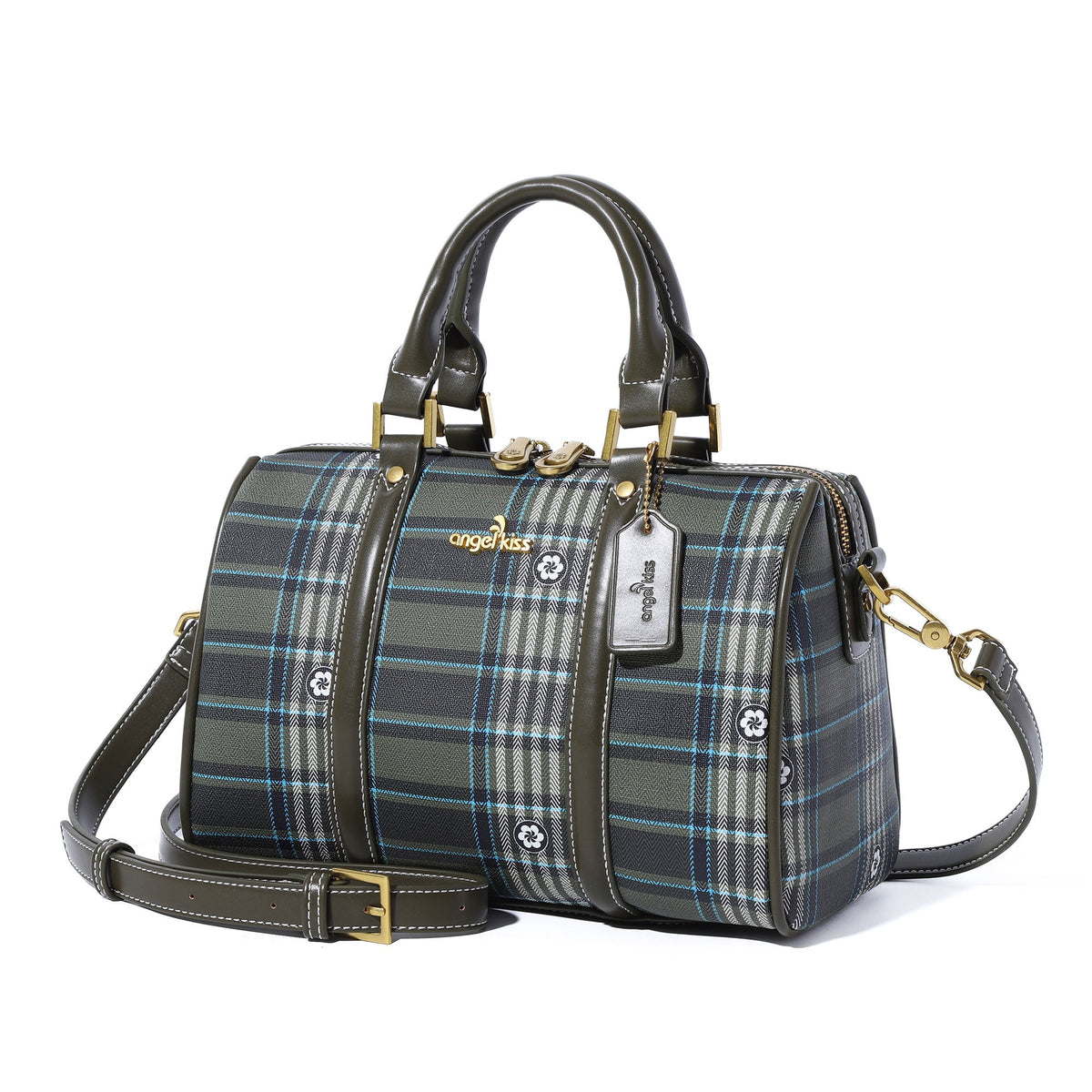 Plaid Medium Boston Satchel Crossbody Bag with Top Handles