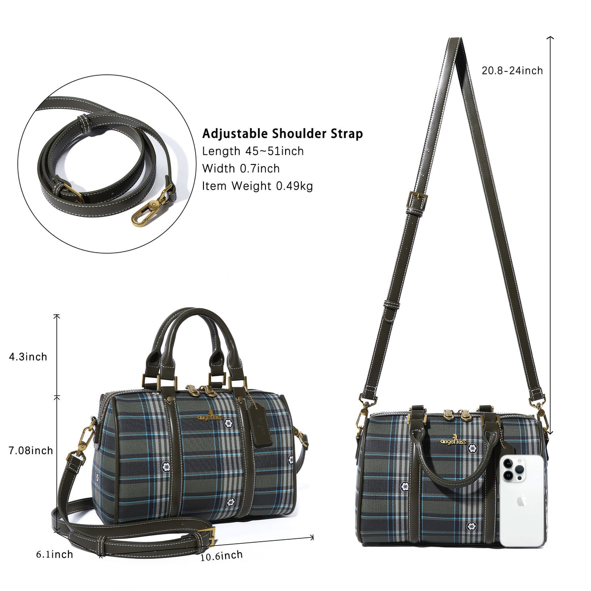 Plaid Medium Boston Satchel Crossbody Bag with Top Handles