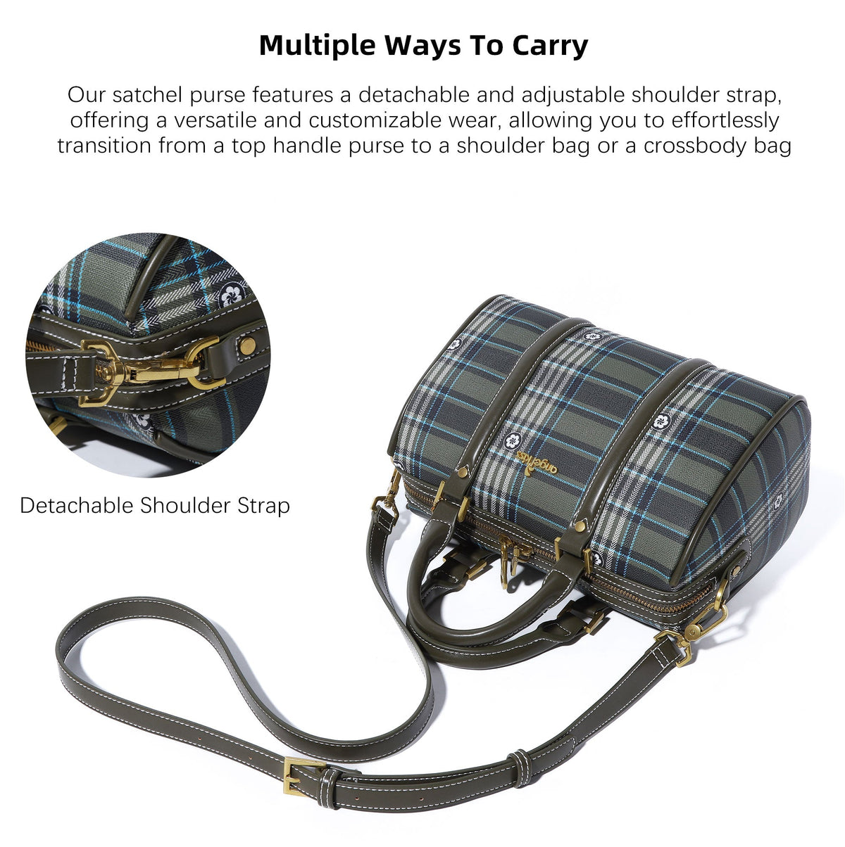 Plaid Medium Boston Satchel Crossbody Bag with Top Handles