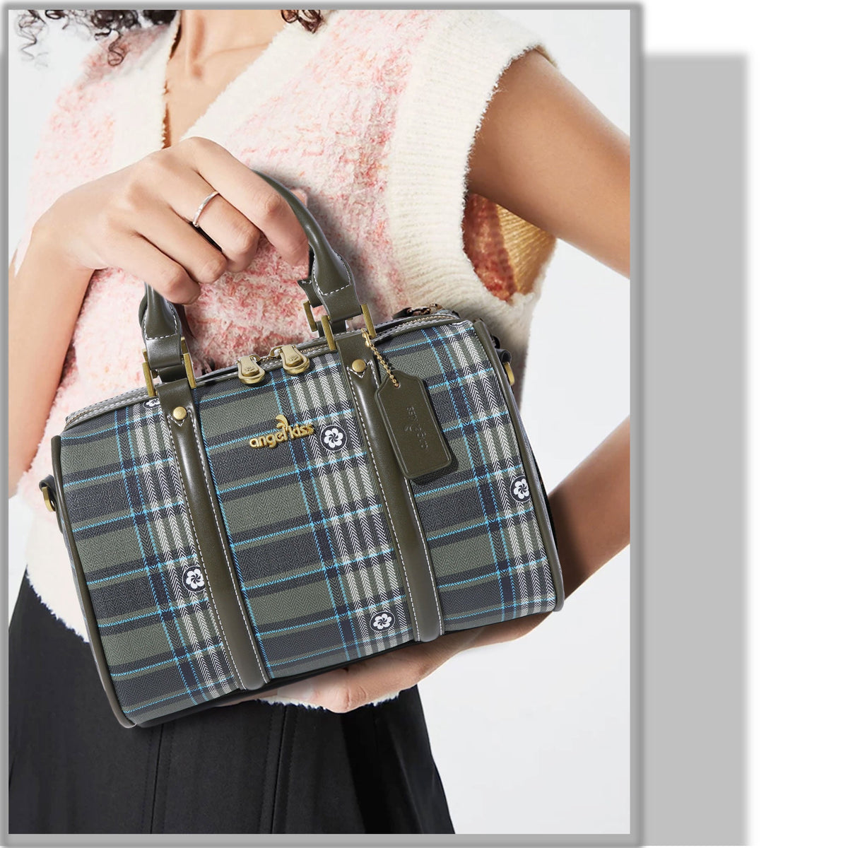 Plaid Medium Boston Satchel Crossbody Bag with Top Handles