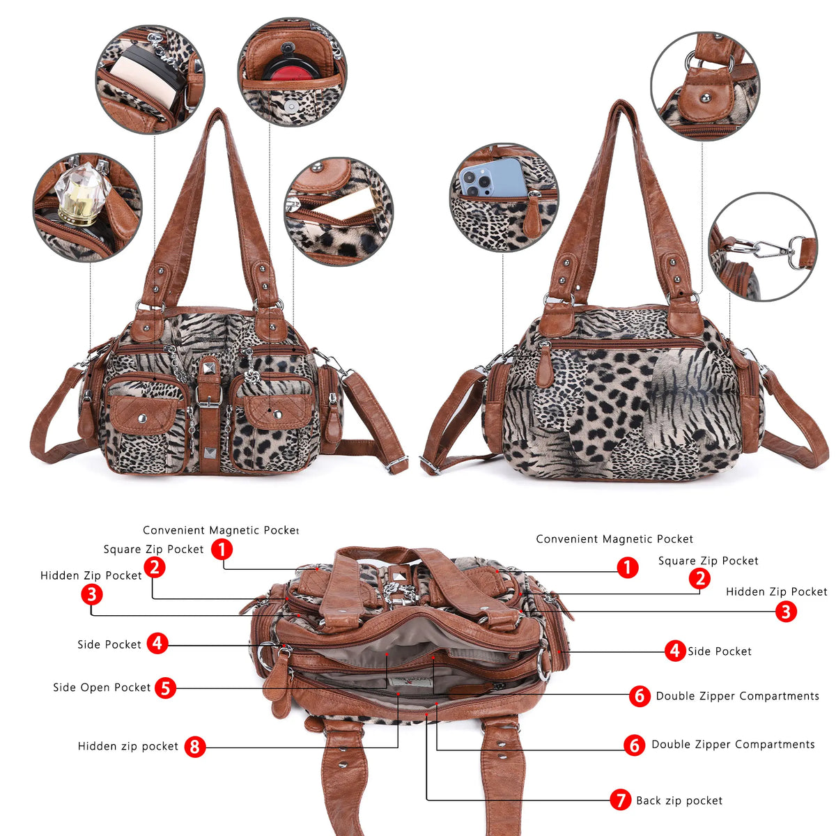 Studded Multi-Pocket Shoulder Bag with Buckle Accents