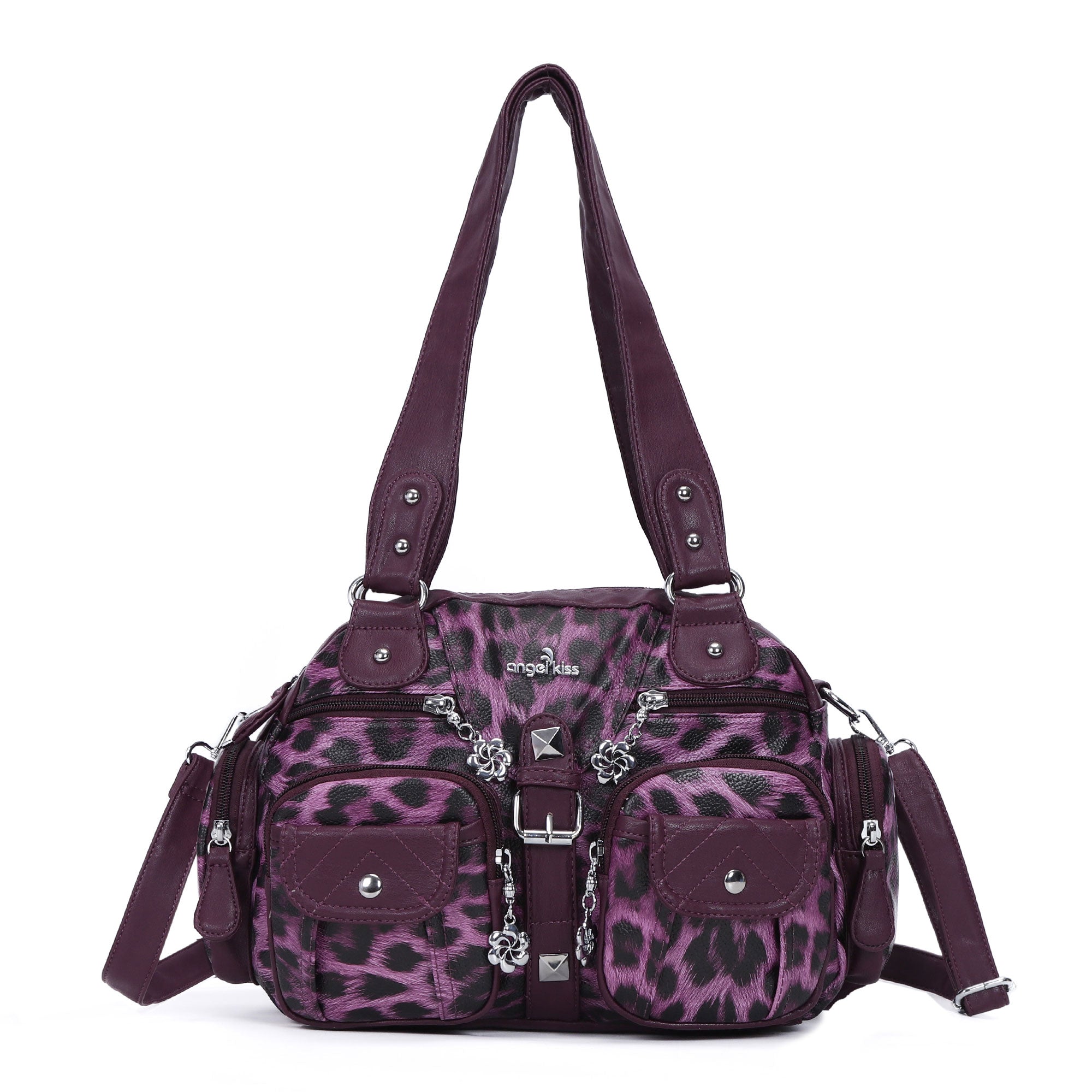 Studded Multi-Pocket Shoulder Bag with Buckle Accents