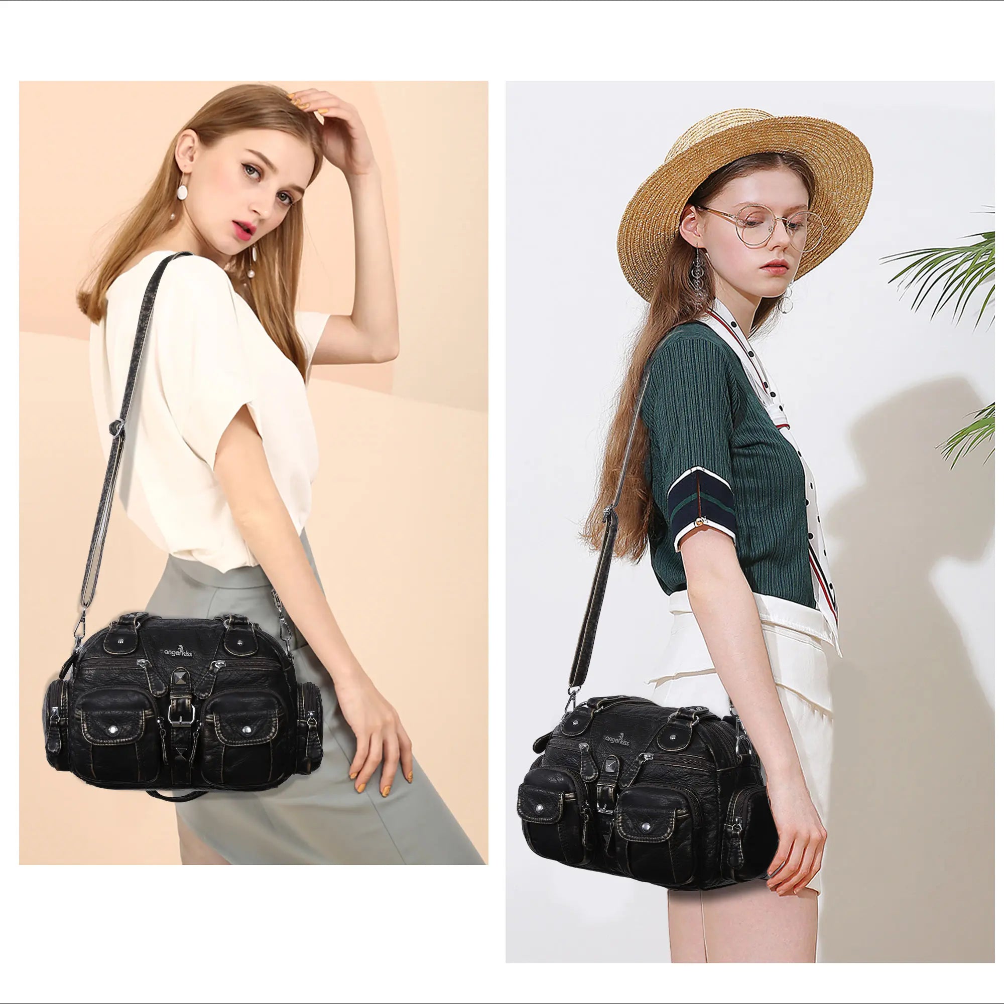 Layered Multi-Pocket Shoulder Bag with Buckle Details