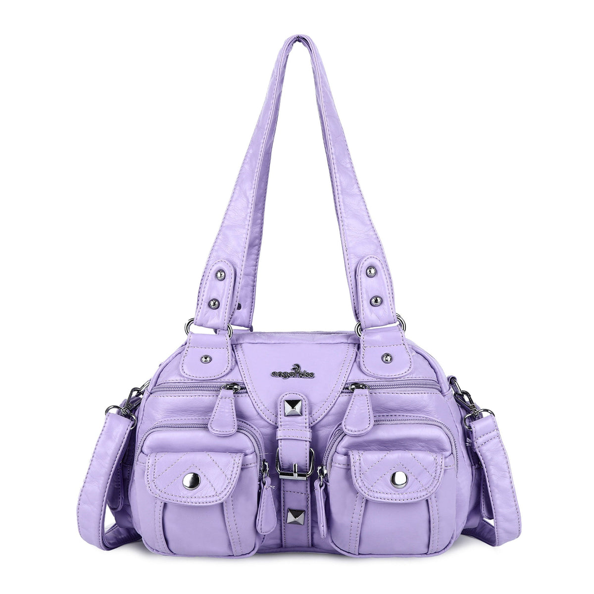 Studded Multi-Pocket Shoulder Bag with Buckle Accents