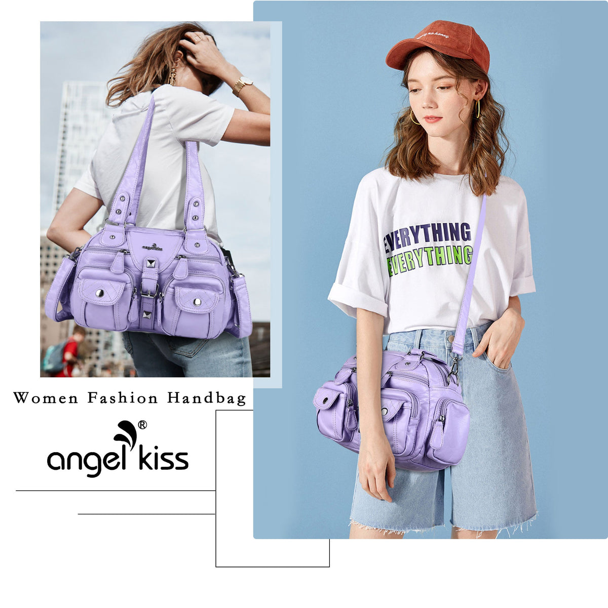 Studded Multi-Pocket Shoulder Bag with Buckle Accents