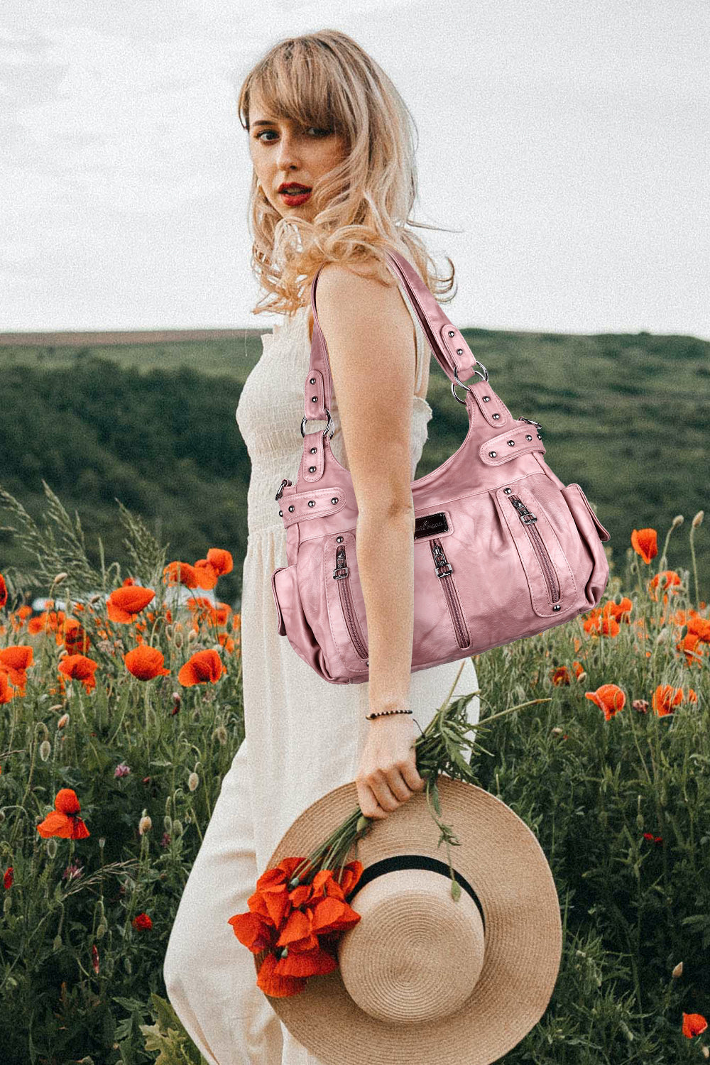 Washed Multi-Zip Hobo Shoulder Bag