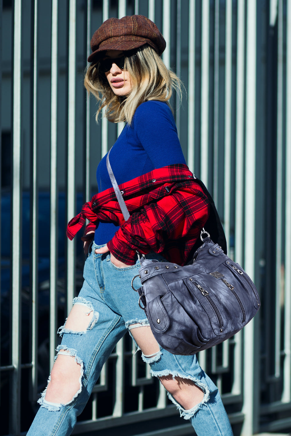 Washed Multi-Zip Hobo Shoulder Bag