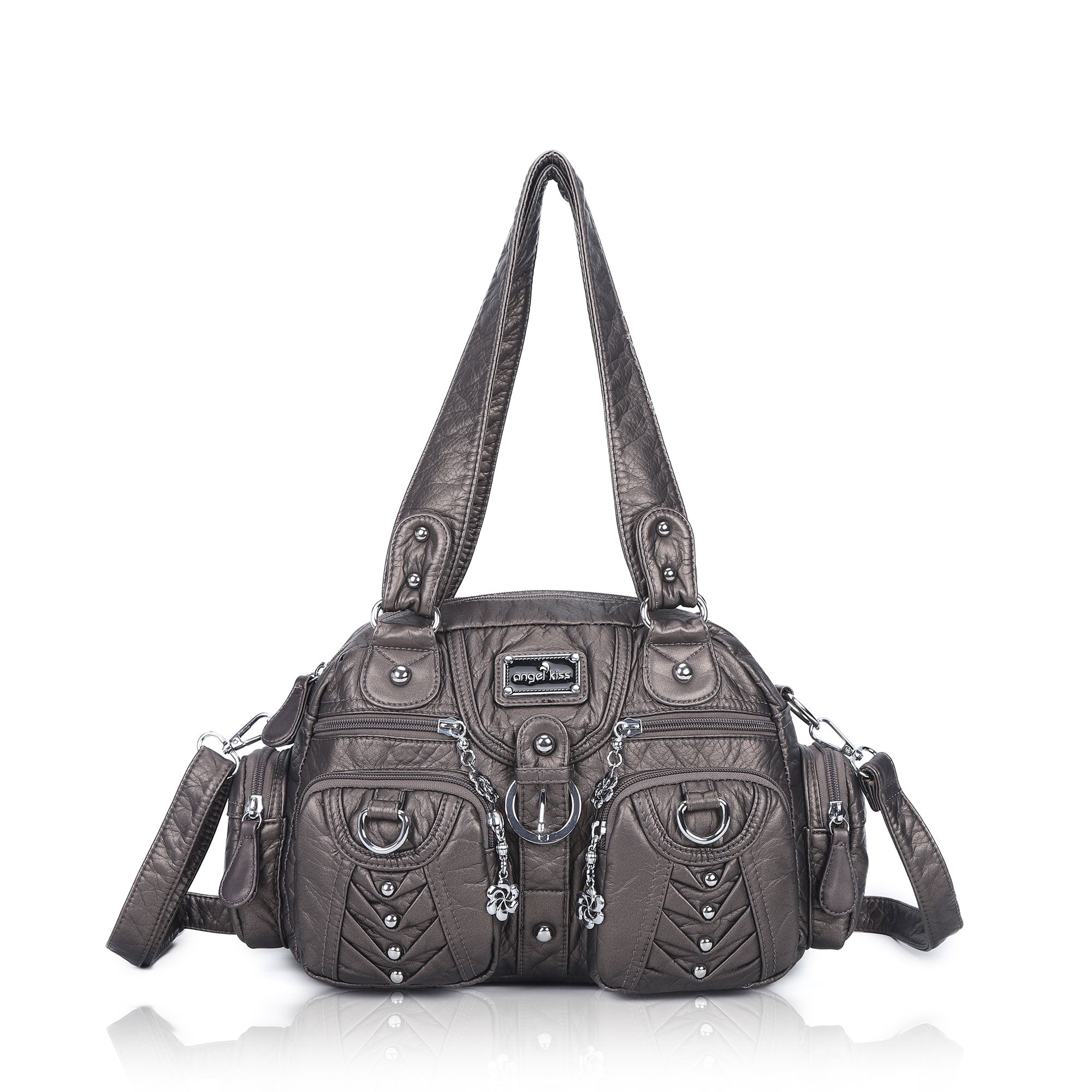 Studded Ring-Detail Multi-Pocket Shoulder Bag