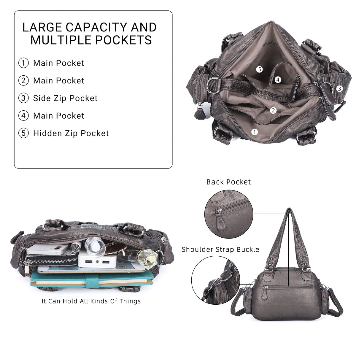 Studded Ring-Detail Multi-Pocket Shoulder Bag