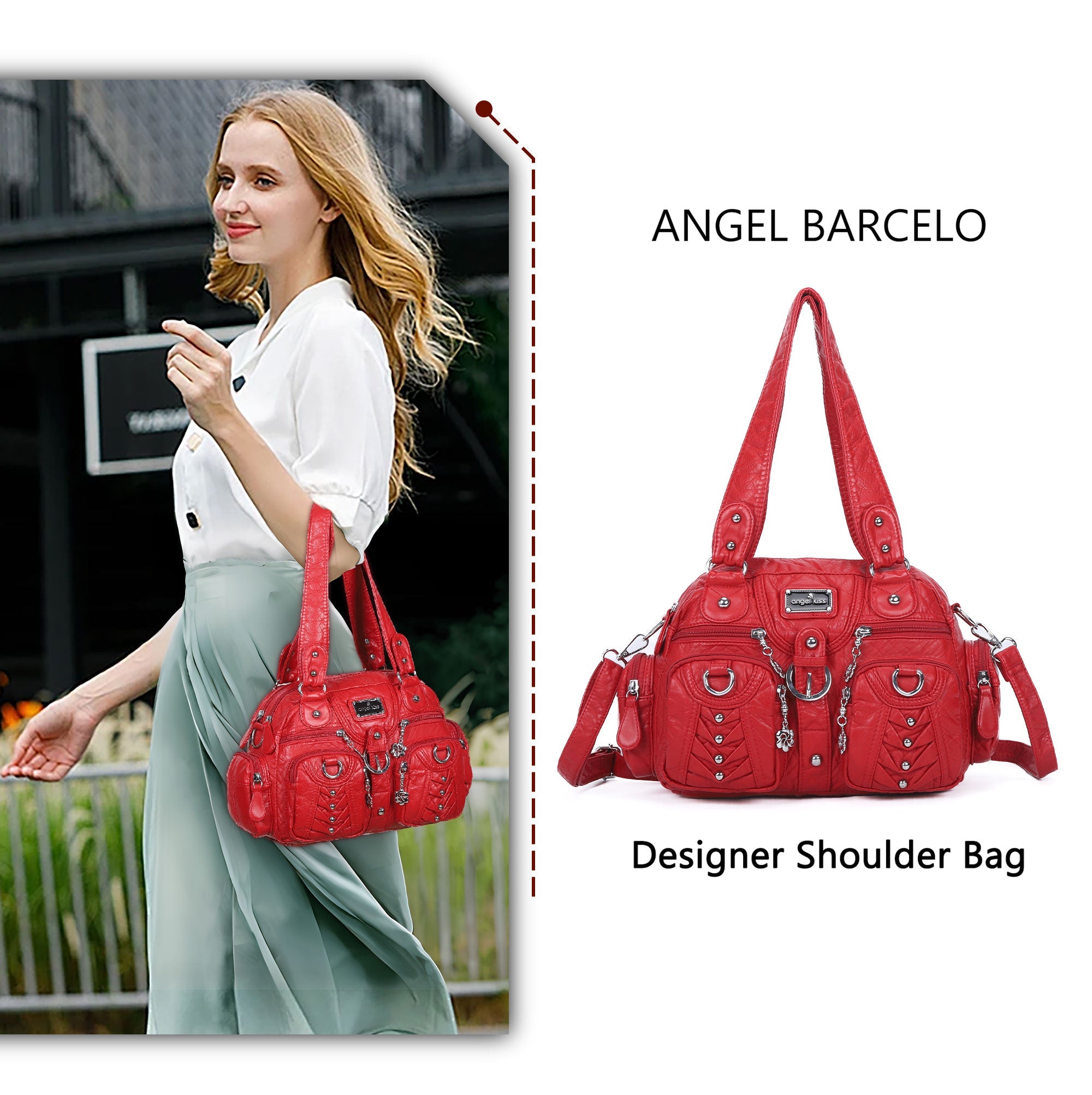 Studded Ring-Detail Multi-Pocket Shoulder Bag
