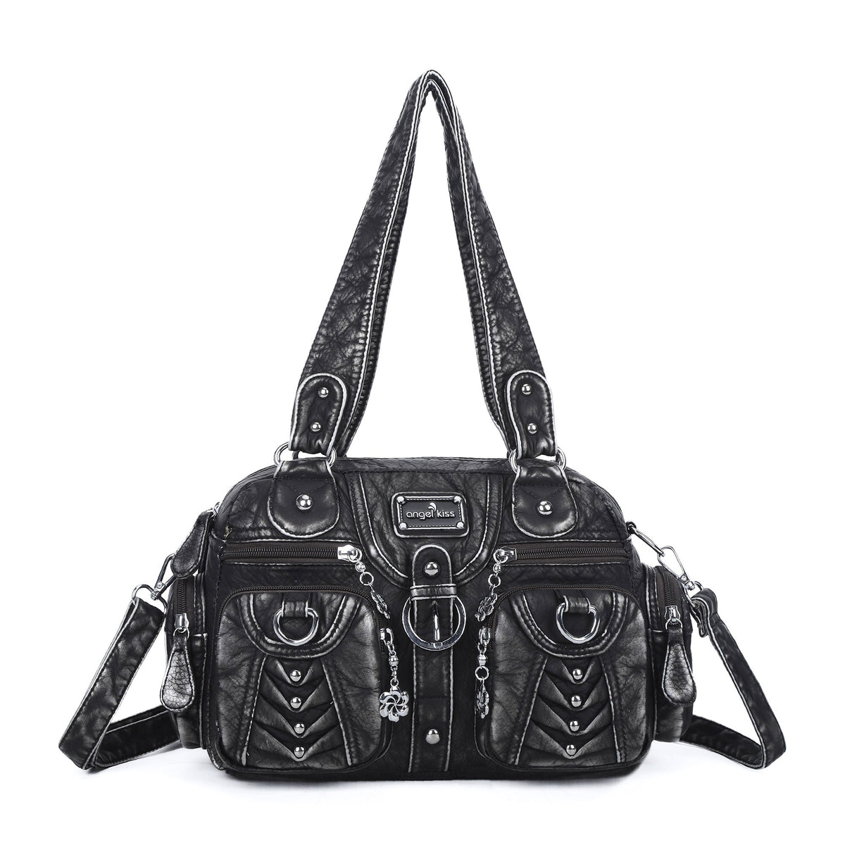 Studded Ring-Detail Multi-Pocket Shoulder Bag