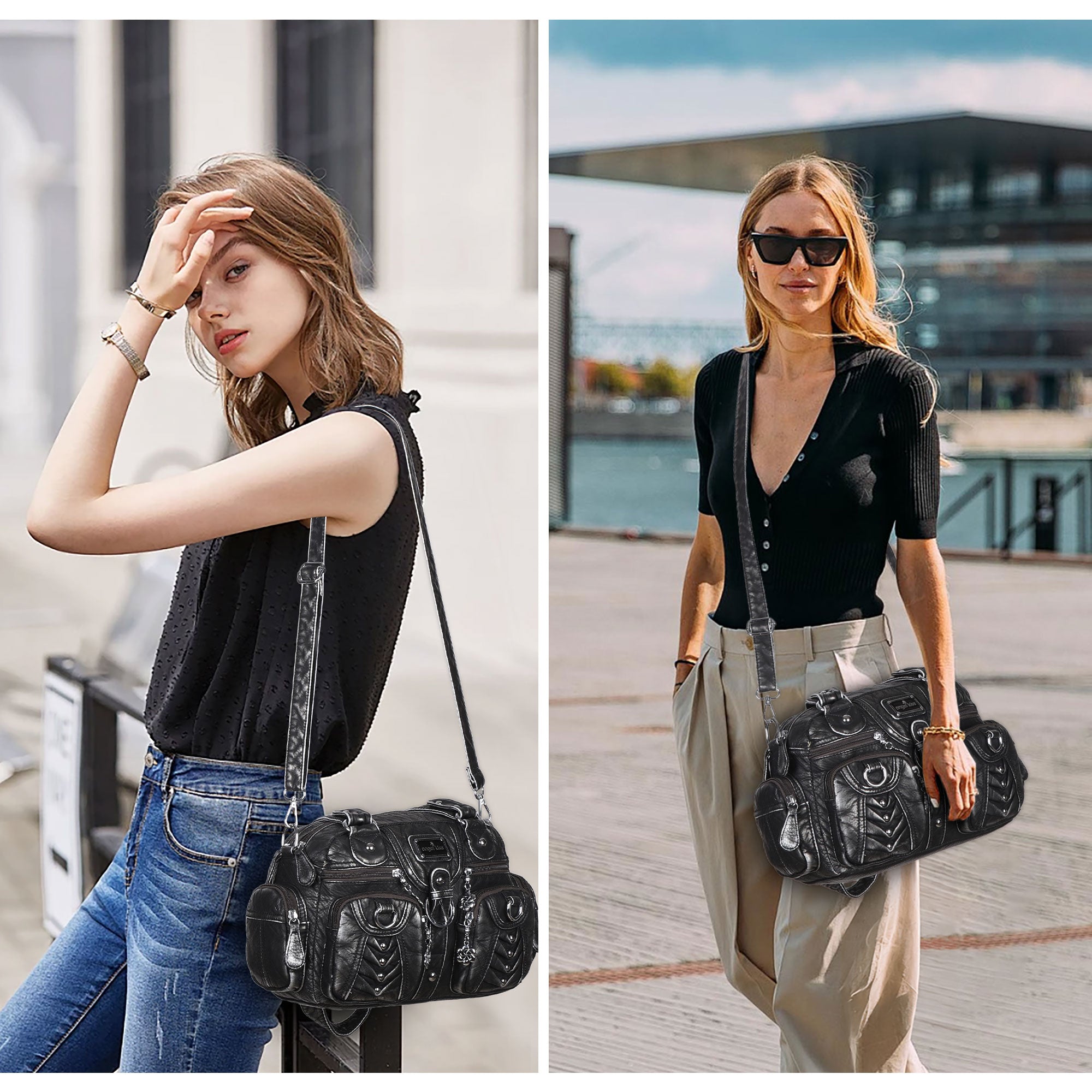 Studded Ring-Detail Multi-Pocket Shoulder Bag