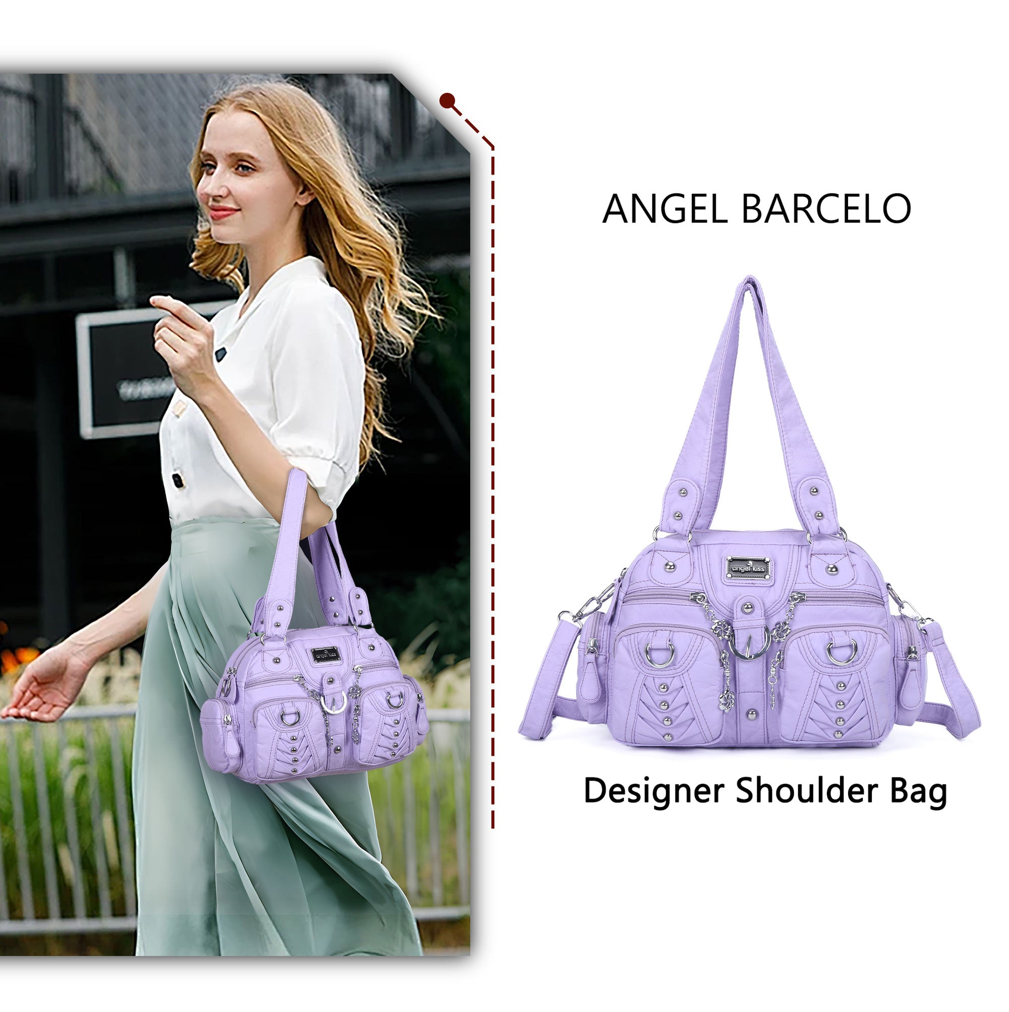 Studded Ring-Detail Multi-Pocket Shoulder Bag