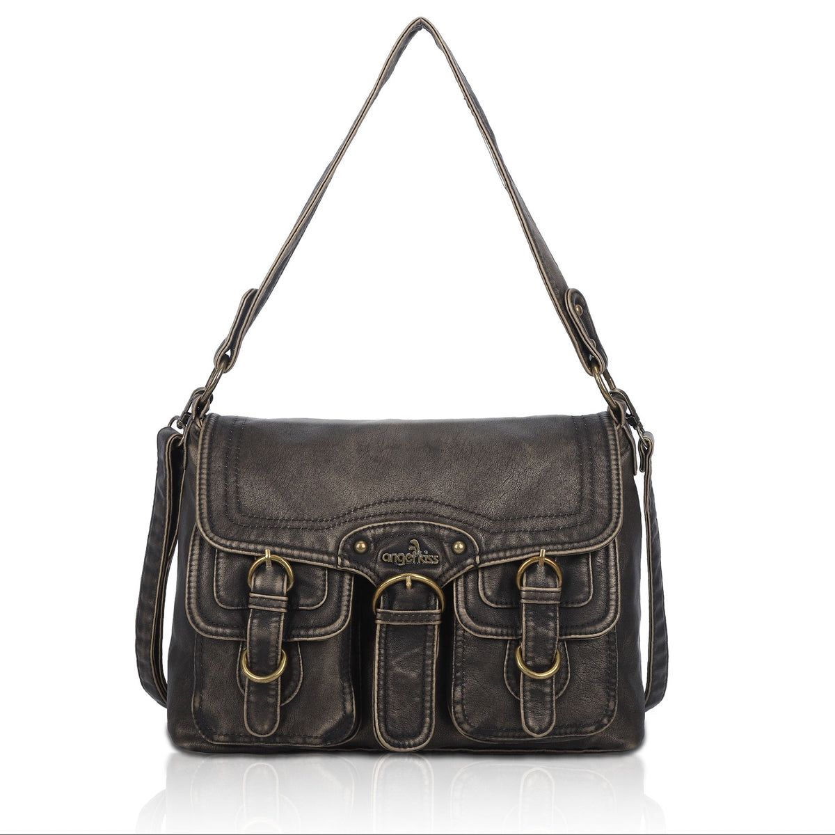 Vintage Washed Flap Shoulder Bag with Front Pockets