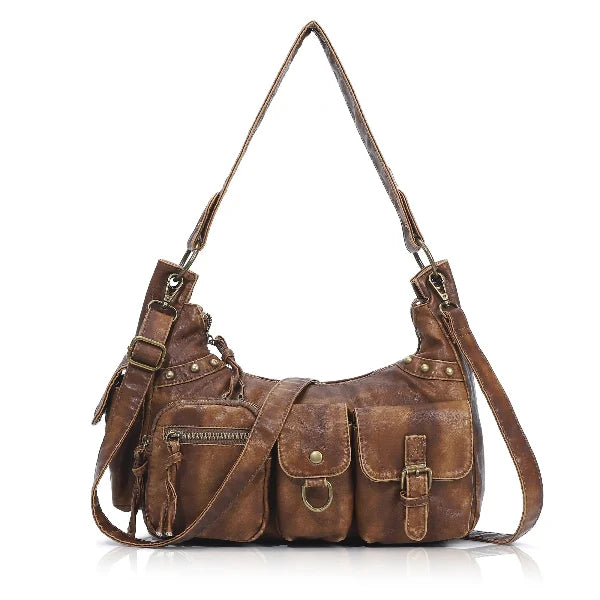 Vintage-Inspired Vegan Leather Shoulder Bag with Multi-Pocket Design