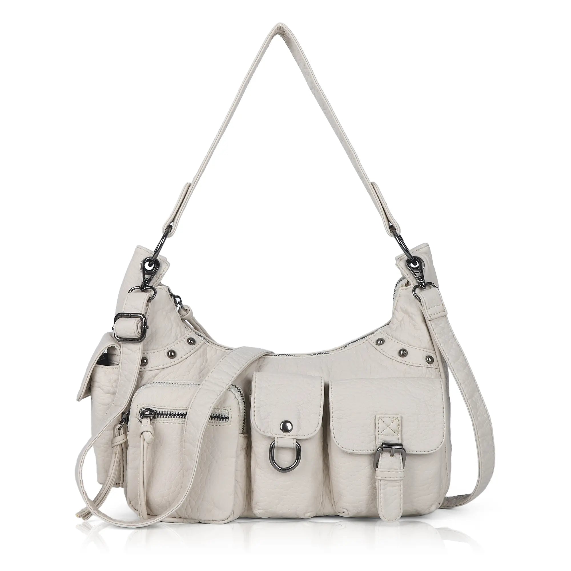 Vintage-Inspired Vegan Leather Shoulder Bag with Multi-Pocket Design