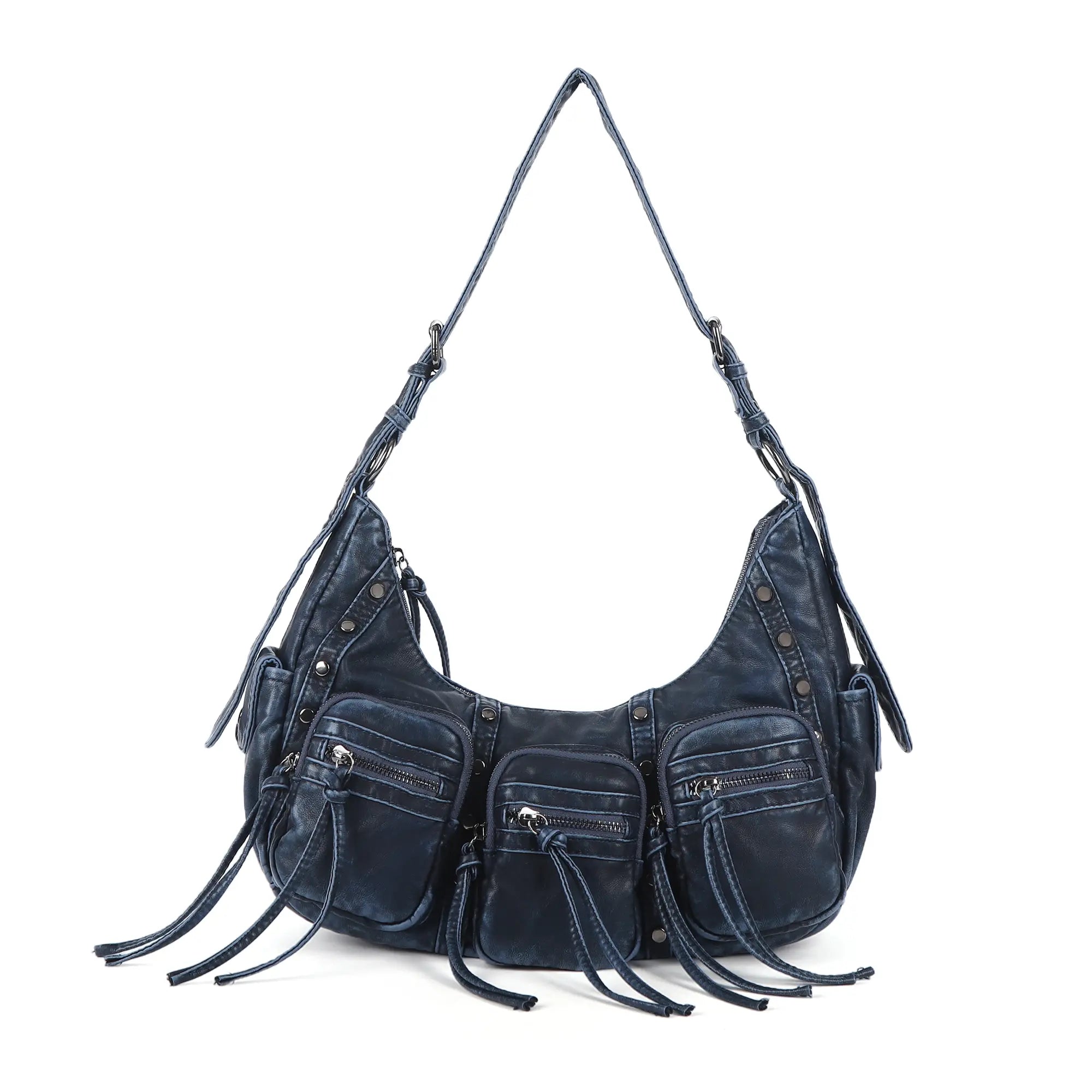 Multi-Pocket Crescent Shoulder Bag with Tassel Zipper Details