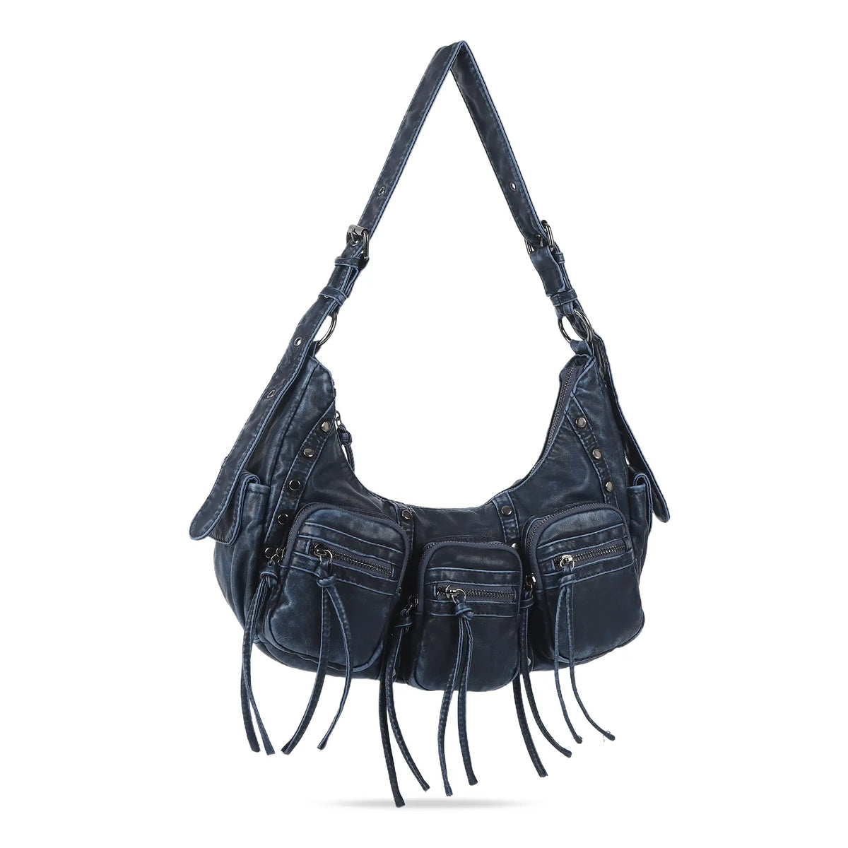 Multi-Pocket Crescent Shoulder Bag with Tassel Zipper Details