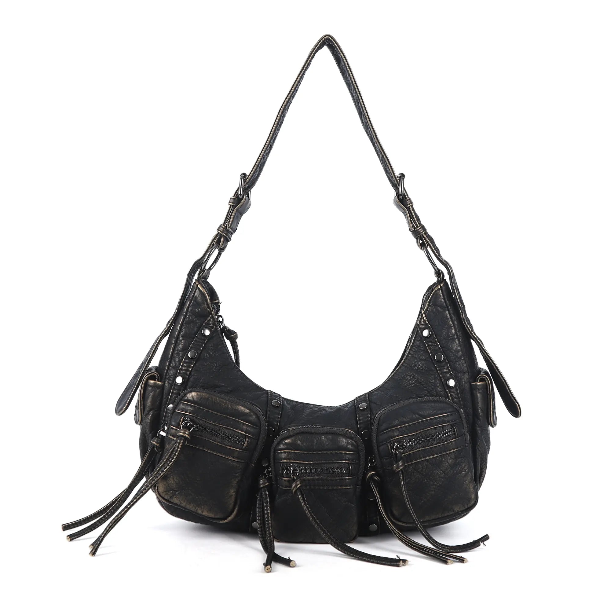 Multi-Pocket Crescent Shoulder Bag with Tassel Zipper Details