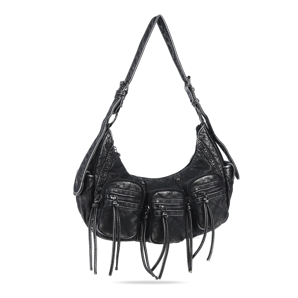 Multi-Pocket Crescent Shoulder Bag with Tassel Zipper Details