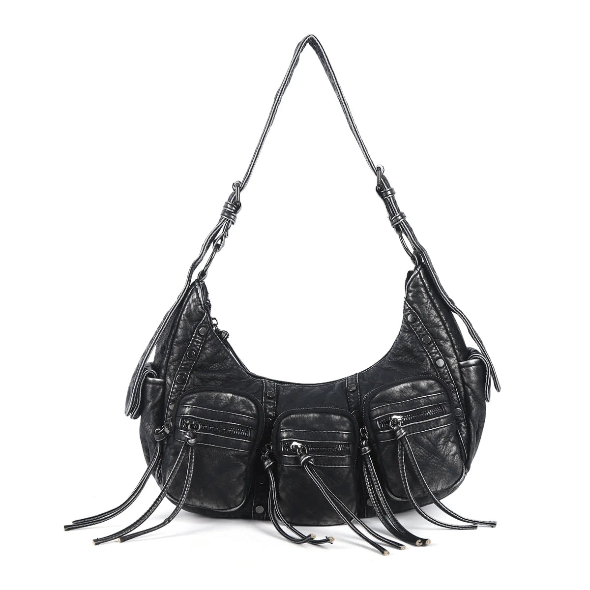 Multi-Pocket Crescent Shoulder Bag with Tassel Zipper Details