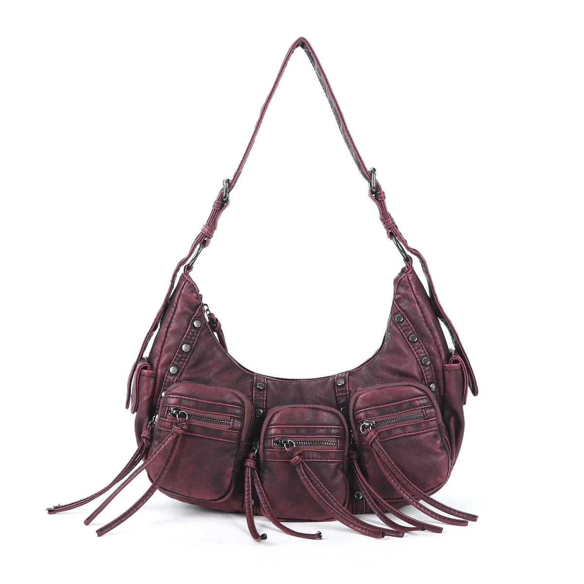 Multi-Pocket Crescent Shoulder Bag with Tassel Zipper Details