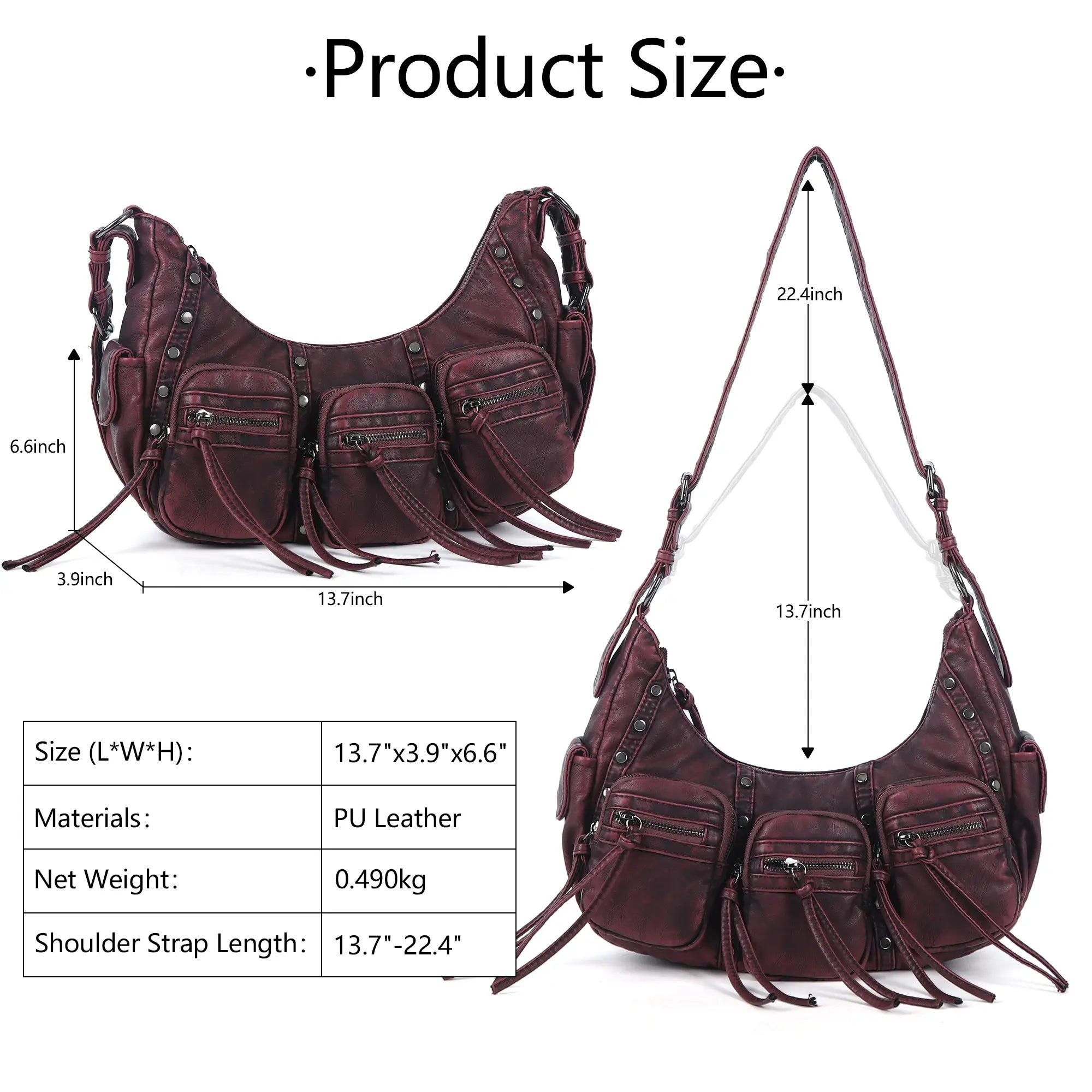 Multi-Pocket Crescent Shoulder Bag with Tassel Zipper Details