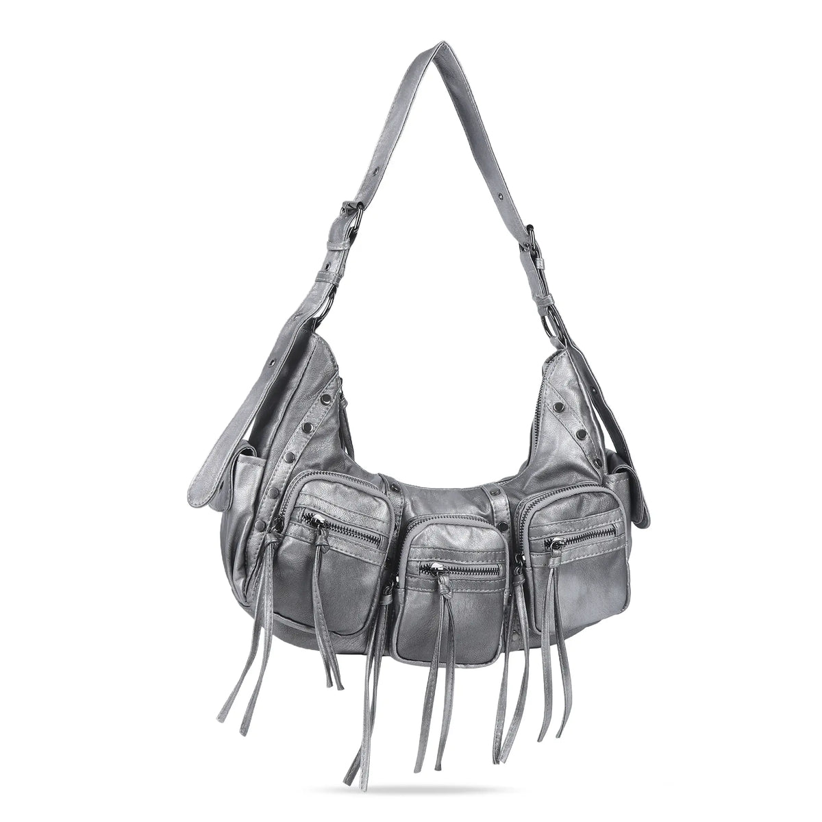 Multi-Pocket Crescent Shoulder Bag with Tassel Zipper Details