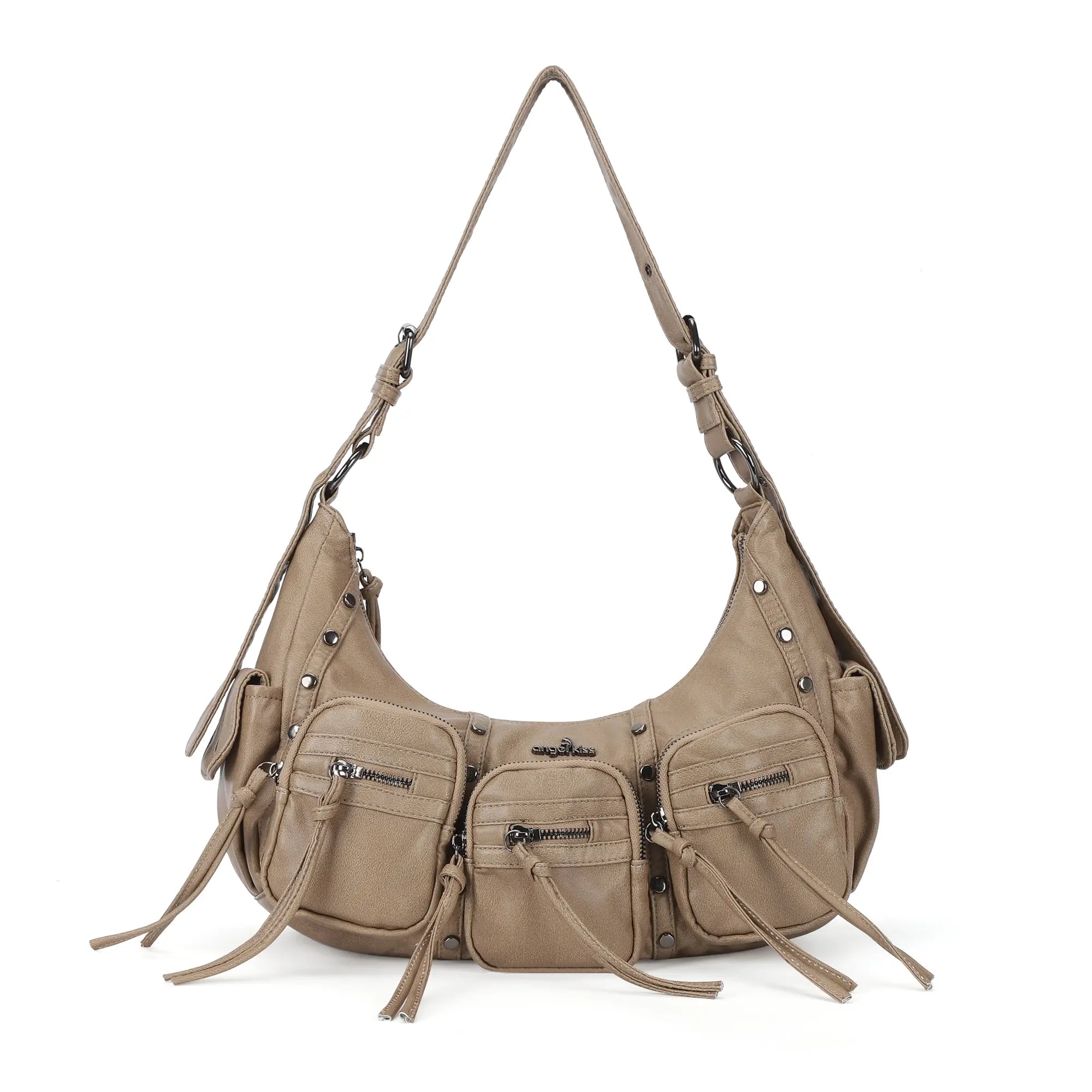 Multi-Pocket Crescent Shoulder Bag with Tassel Zipper Details