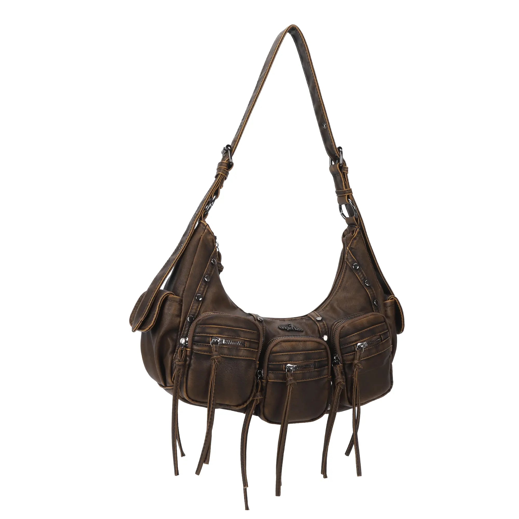 Multi-Pocket Crescent Shoulder Bag with Tassel Zipper Details