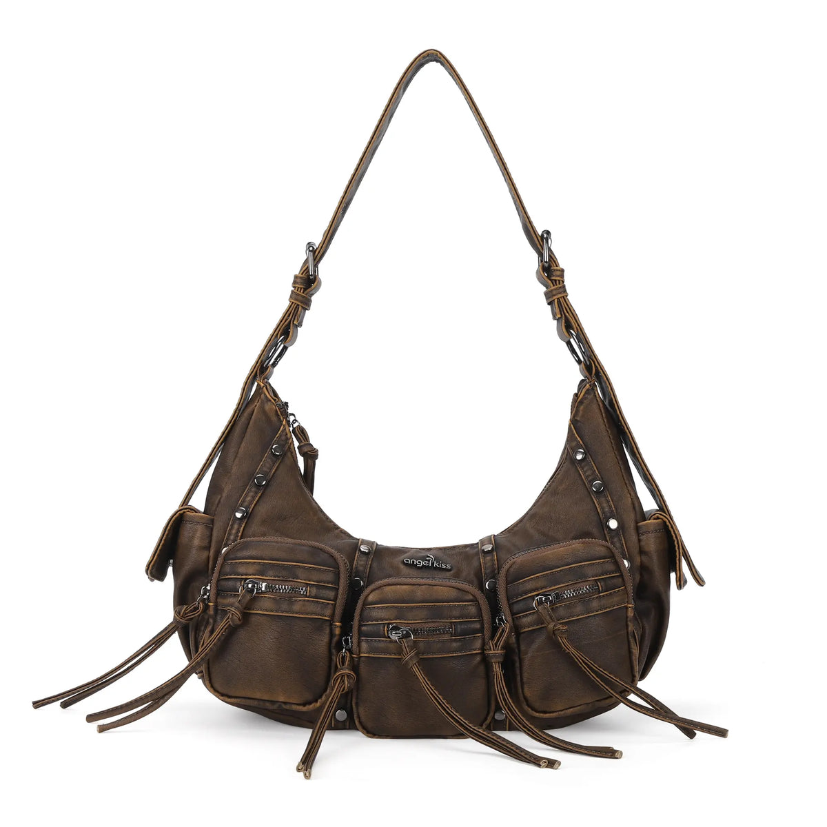 Multi-Pocket Crescent Shoulder Bag with Tassel Zipper Details