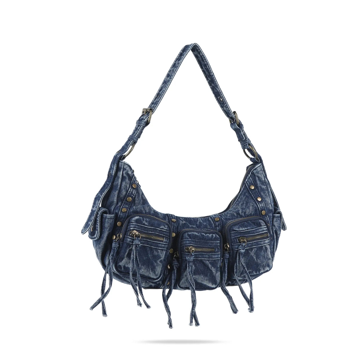 Multi-Pocket Crescent Shoulder Bag with Tassel Zipper Details