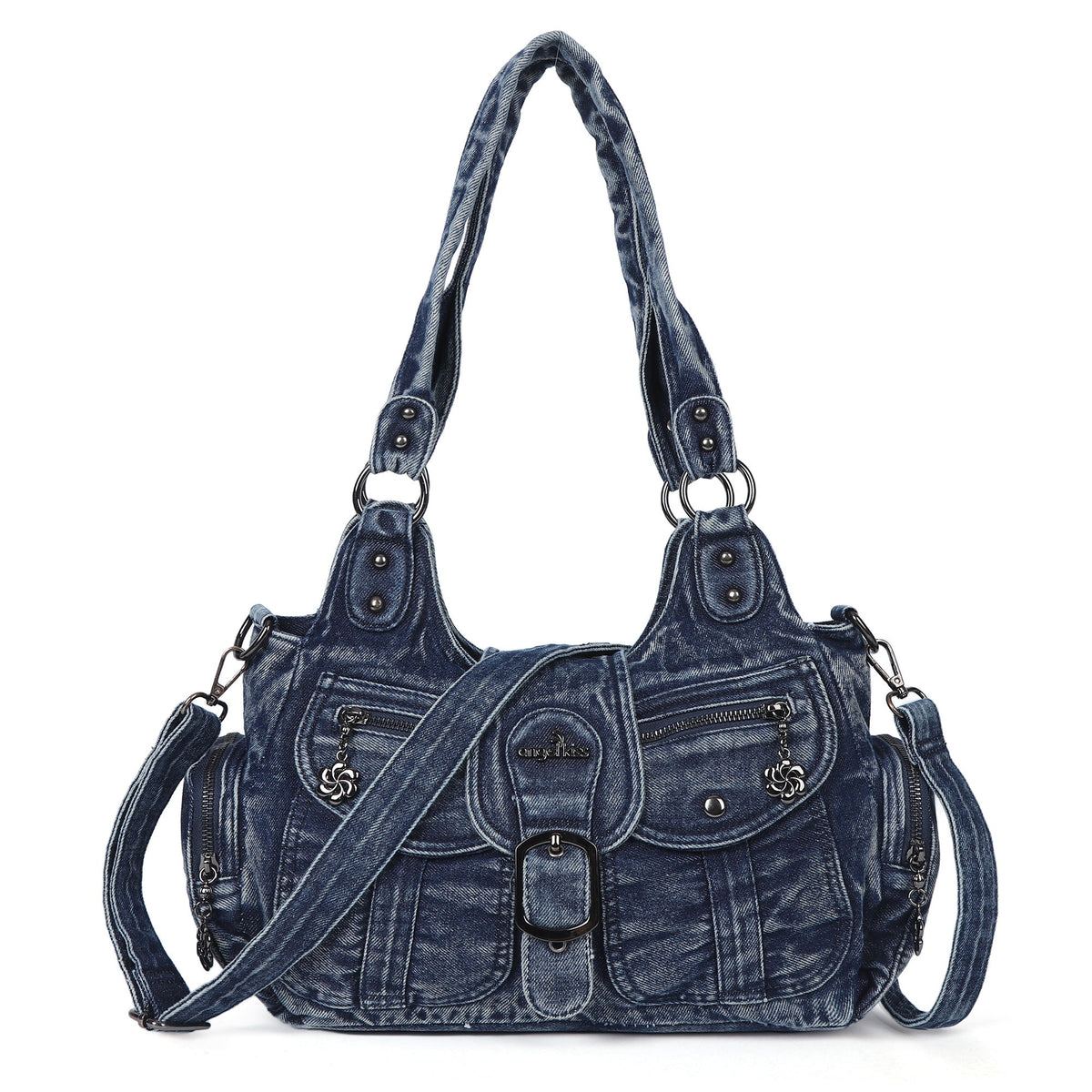 Black Washed Denim Multi-Pocket Hobo Shoulder Bag for Women