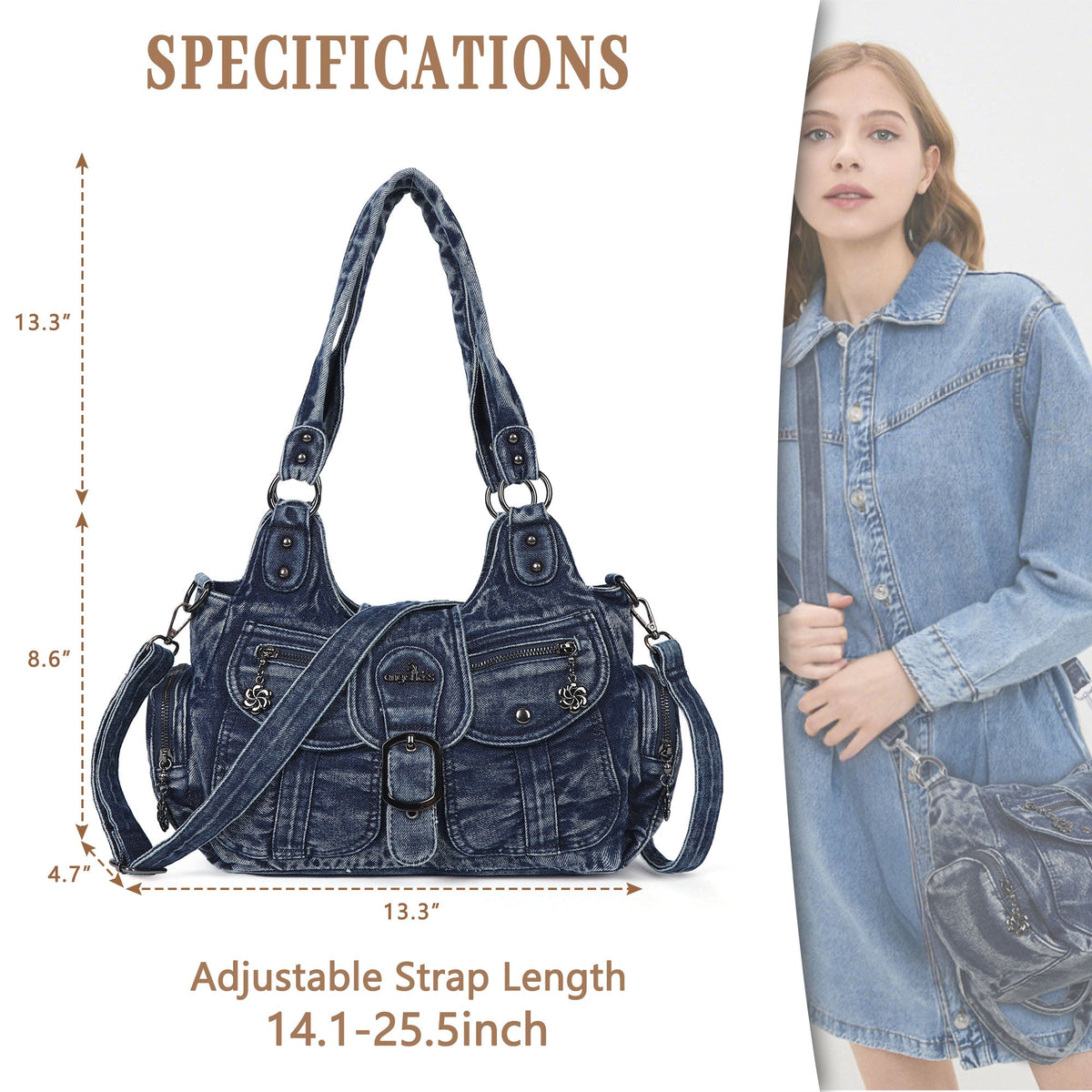Black Washed Denim Multi-Pocket Hobo Shoulder Bag for Women