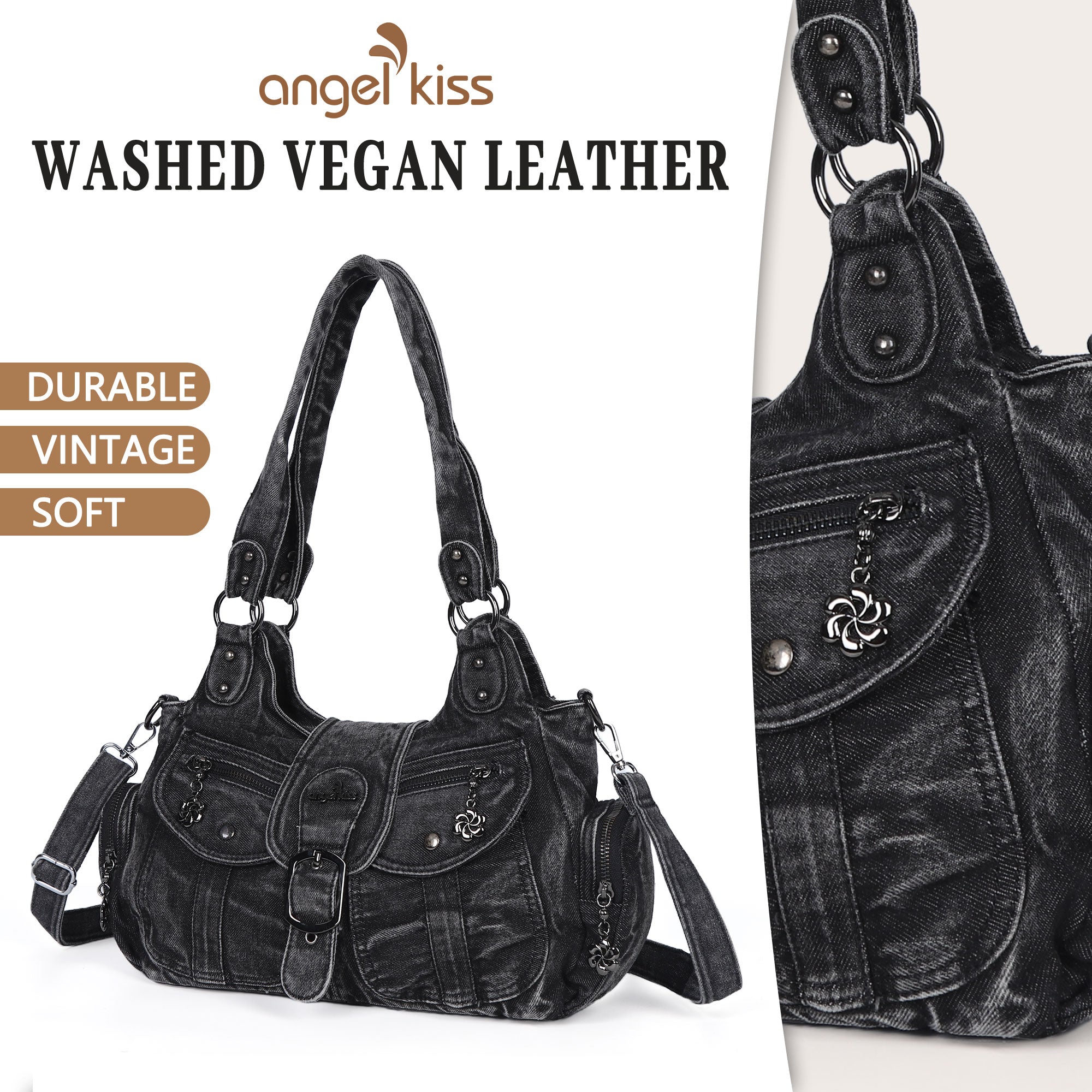 Black Washed Denim Multi-Pocket Hobo Shoulder Bag for Women