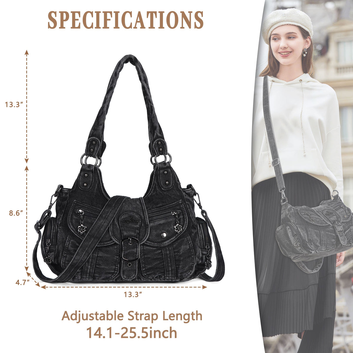 Black Washed Denim Multi-Pocket Hobo Shoulder Bag for Women