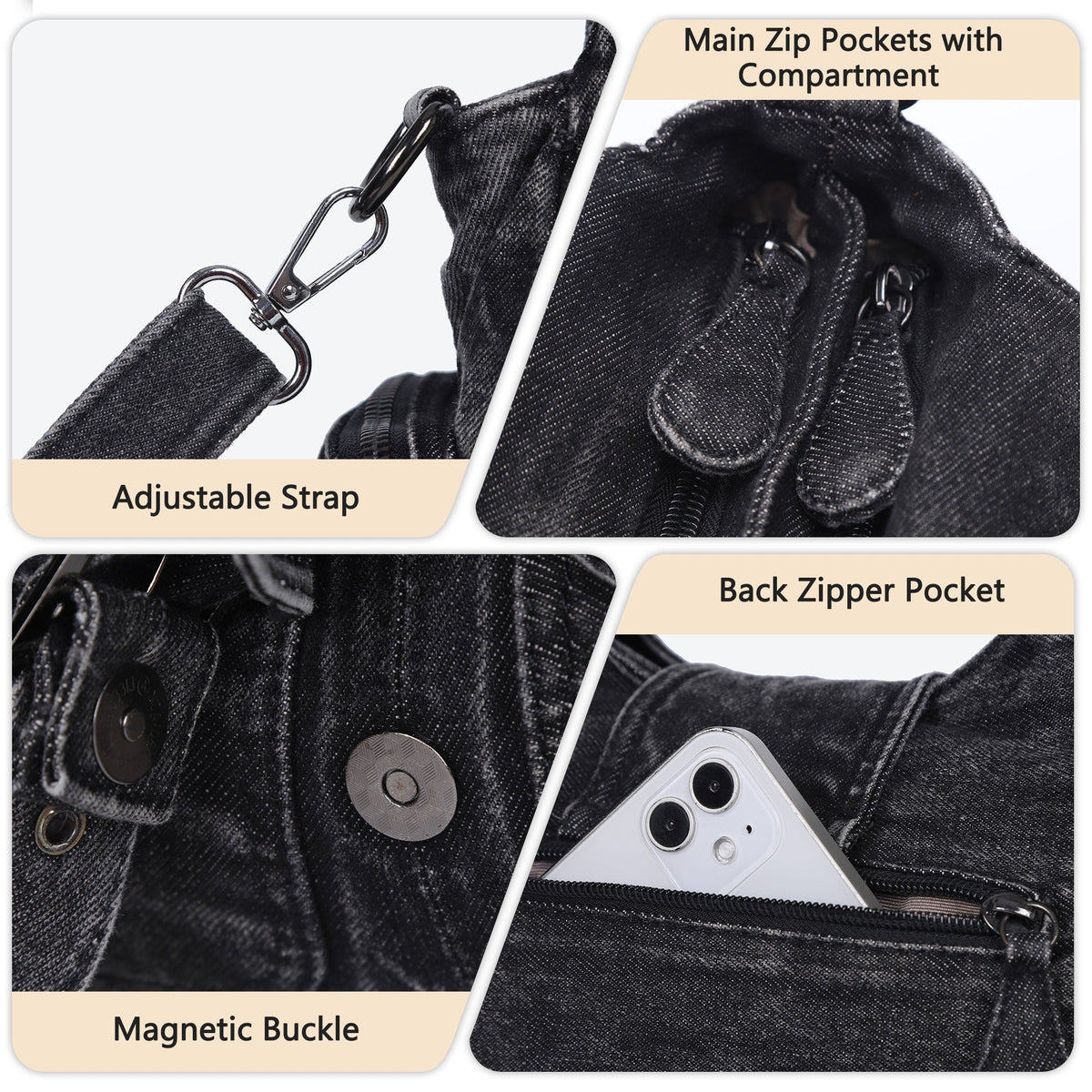 Black Washed Denim Multi-Pocket Hobo Shoulder Bag for Women