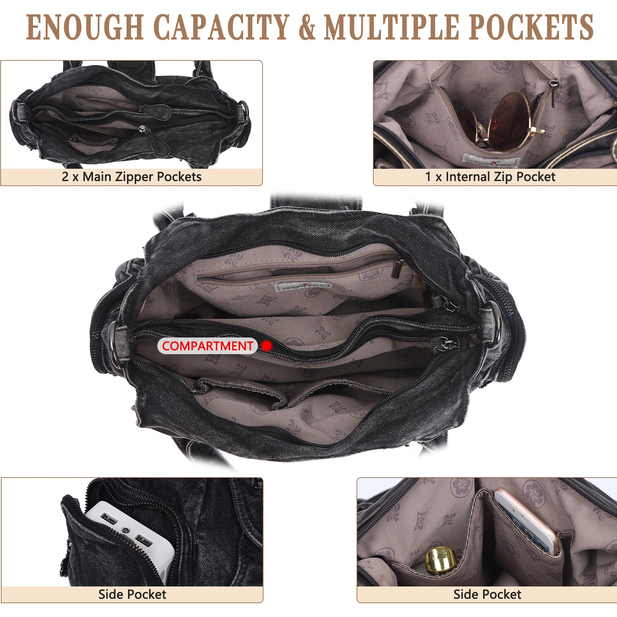 Black Washed Denim Multi-Pocket Hobo Shoulder Bag for Women
