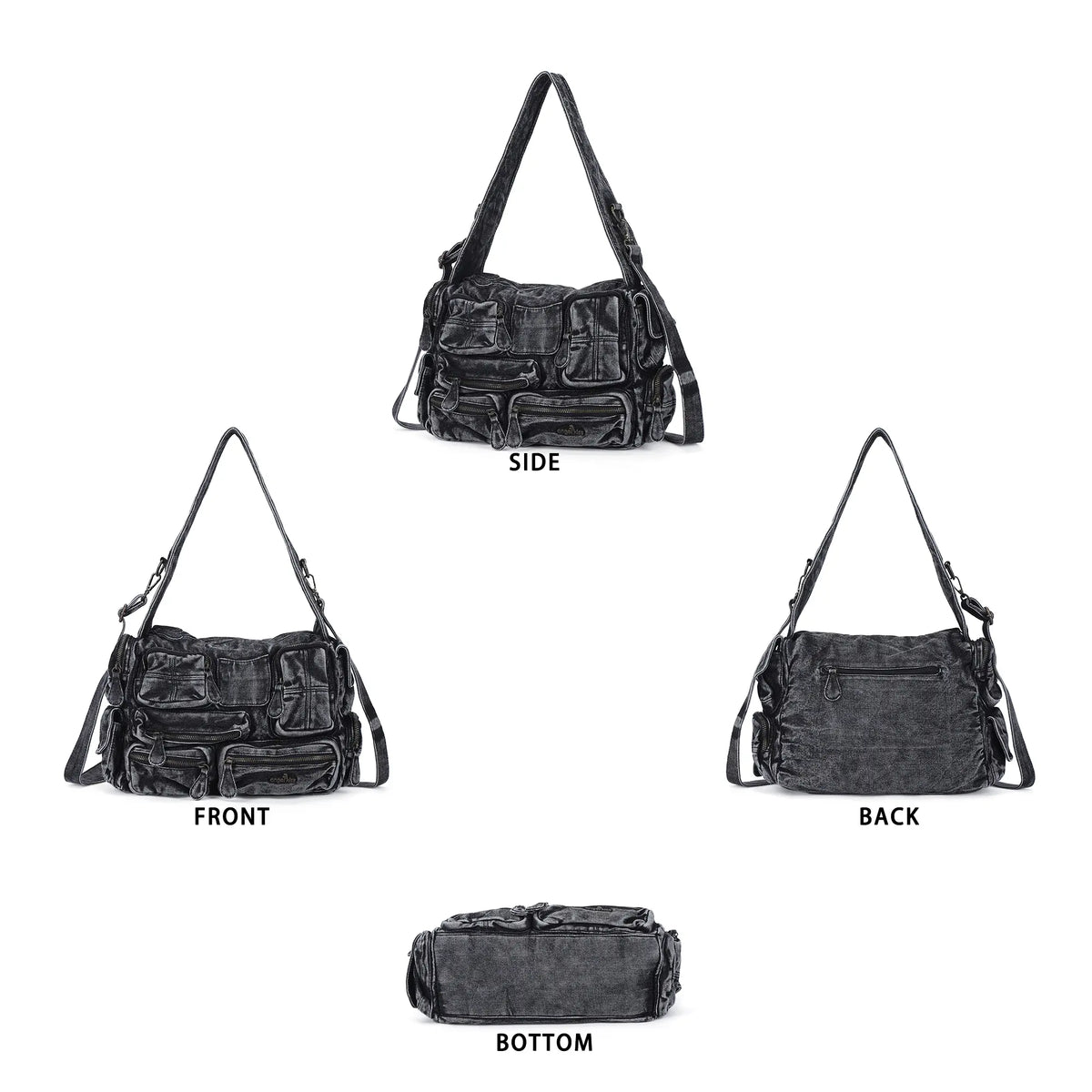 Everyday Washed Denim Multi-Pocket Cargo Shoulder Bag