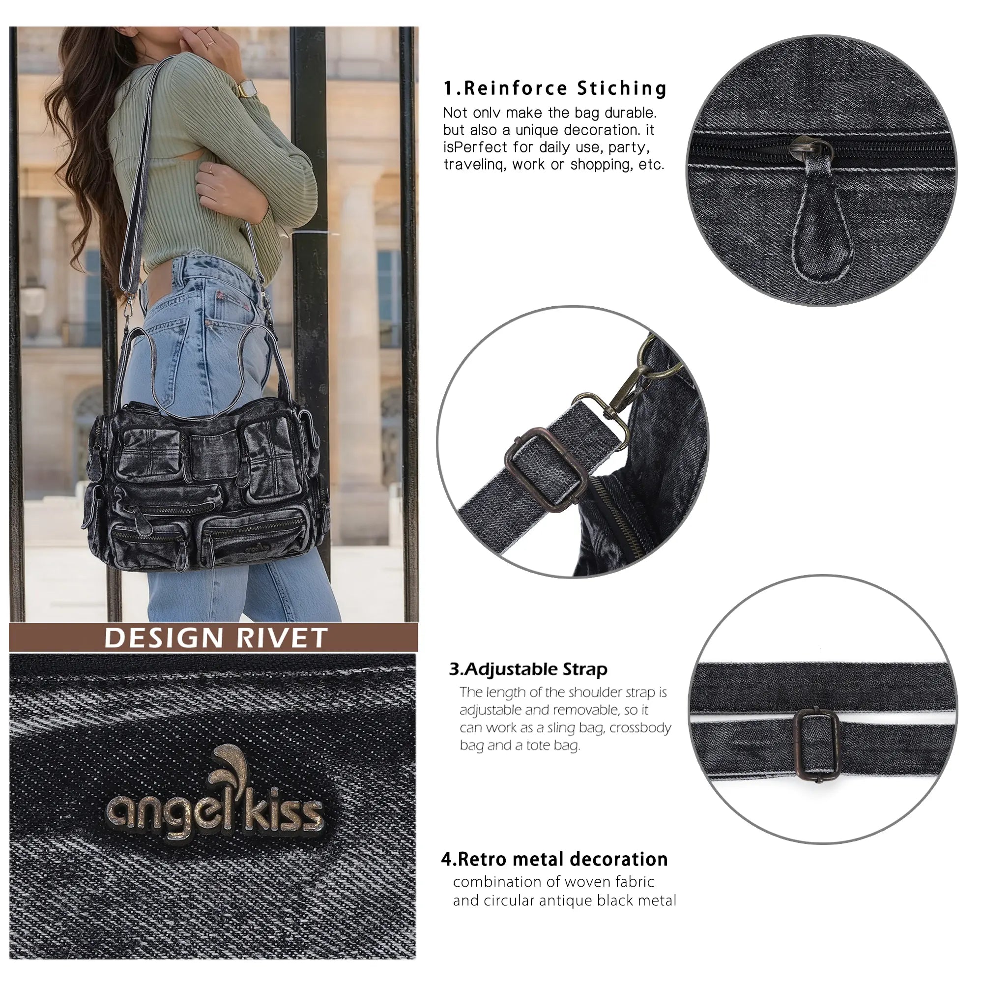 Everyday Washed Denim Multi-Pocket Cargo Shoulder Bag