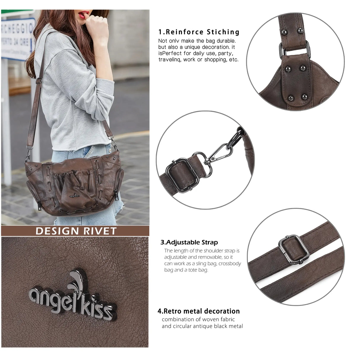 Multi-Pocket Crescent Hobo Shoulder Bag