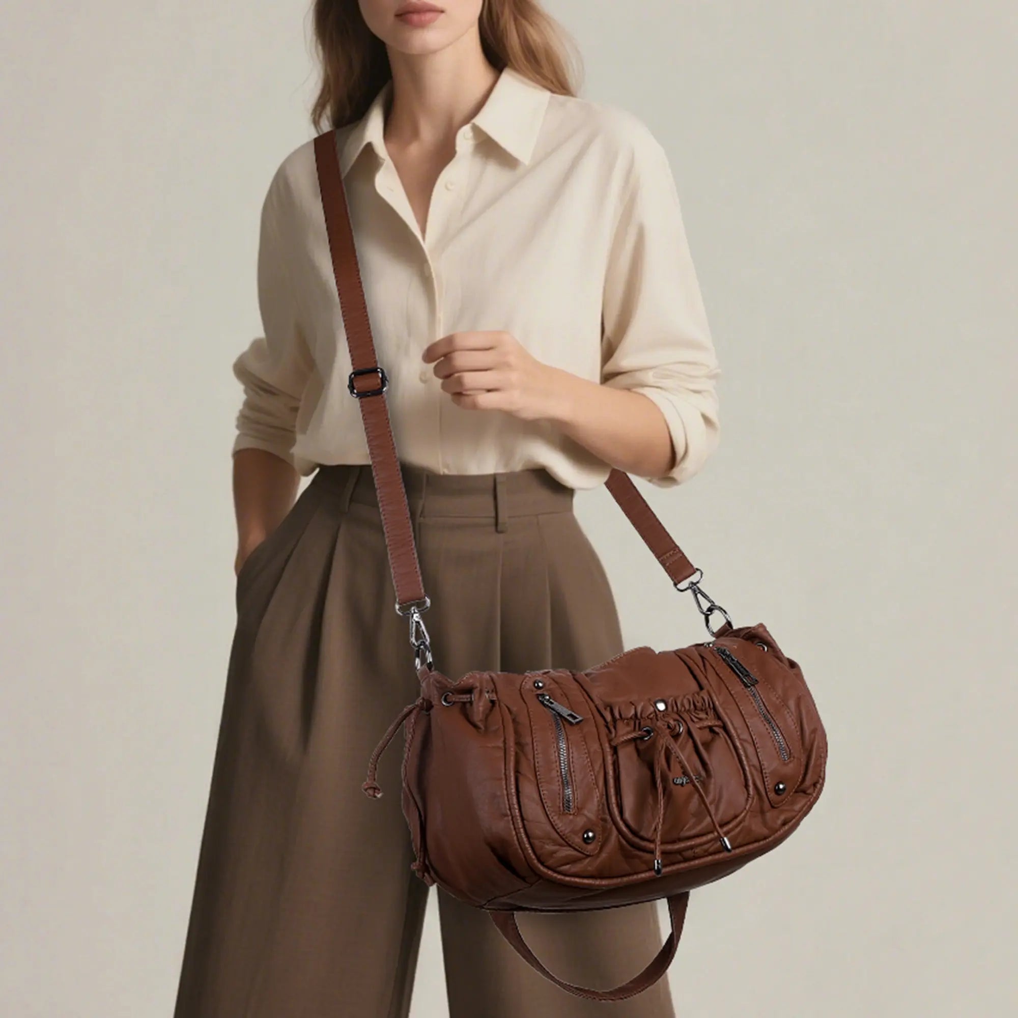 Multi-Pocket Vegan Leather Tote Shoulder Bag