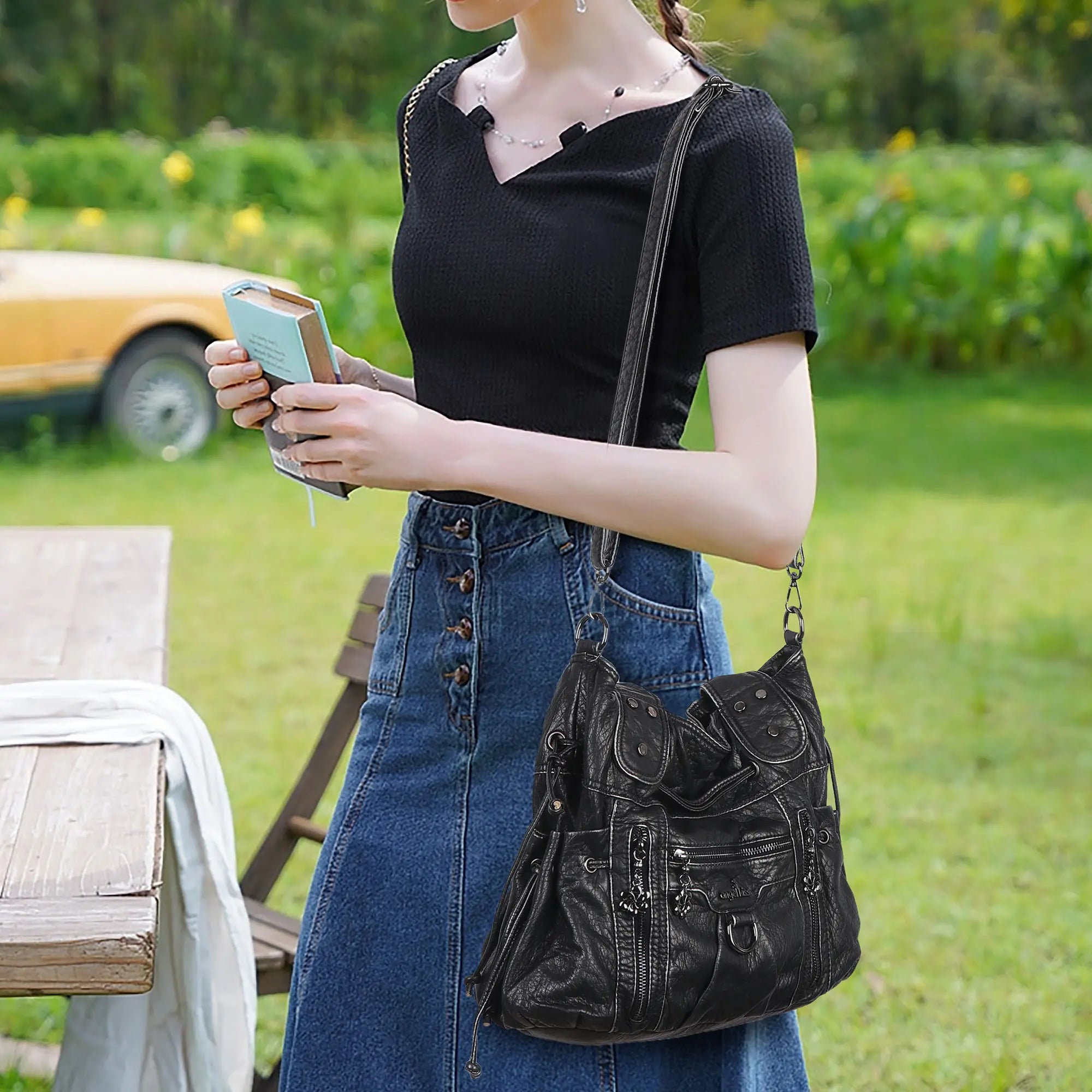 Slouchy Vegan Leather Multi-Pocket Tote Bag, Shoulder & Crossbody