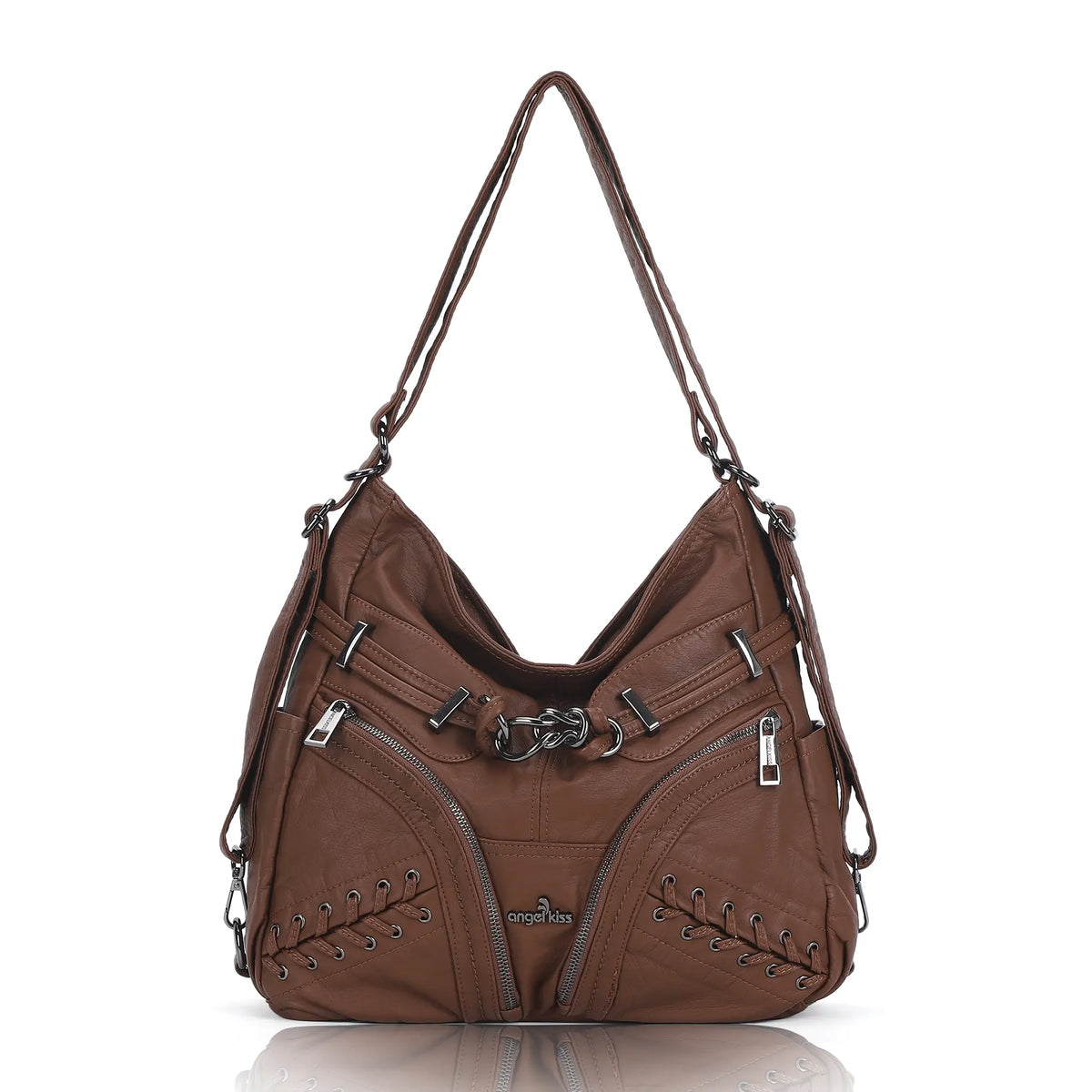 Diagonal Zipper Rivet Hobo Shoulder Bag