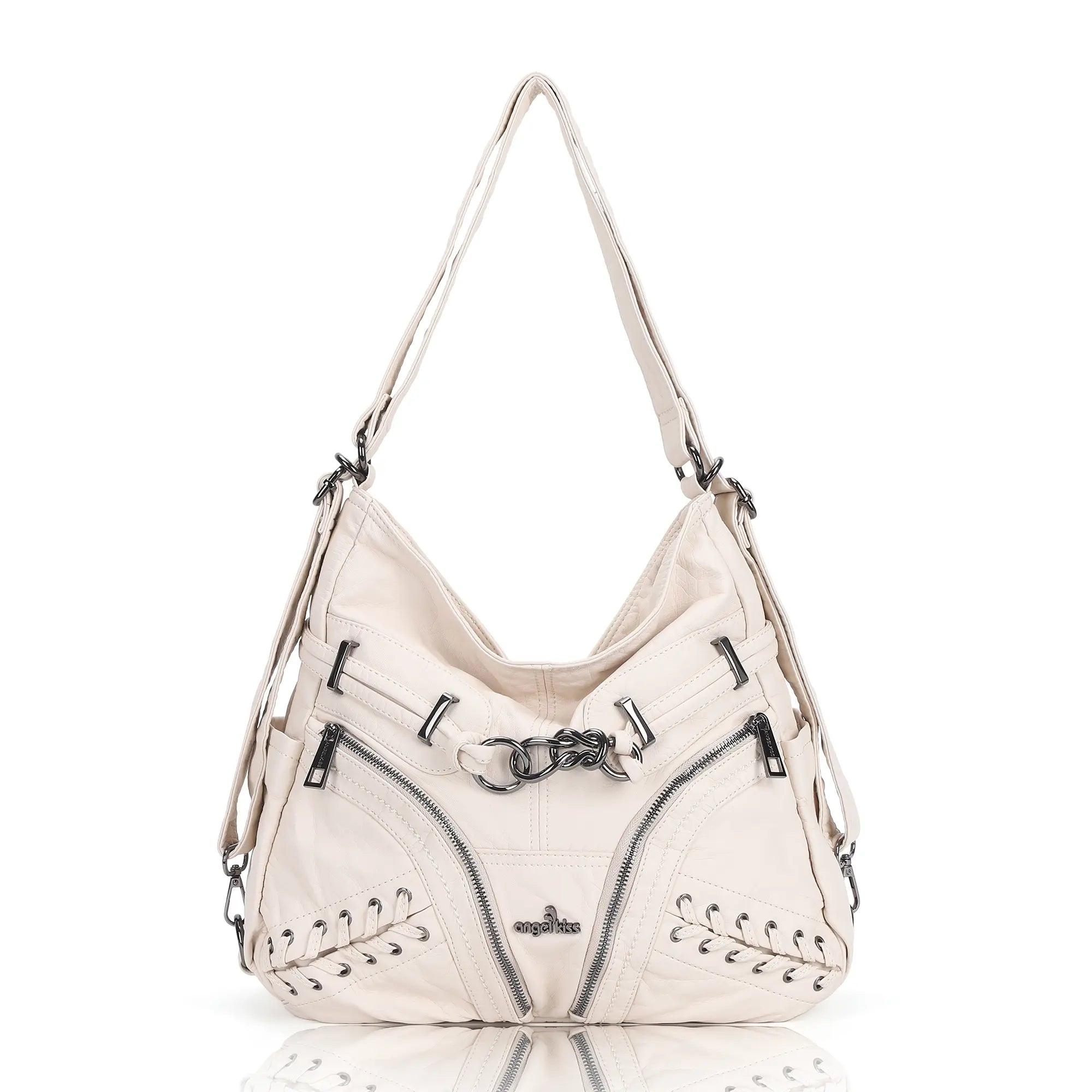 Diagonal Zipper Rivet Hobo Shoulder Bag