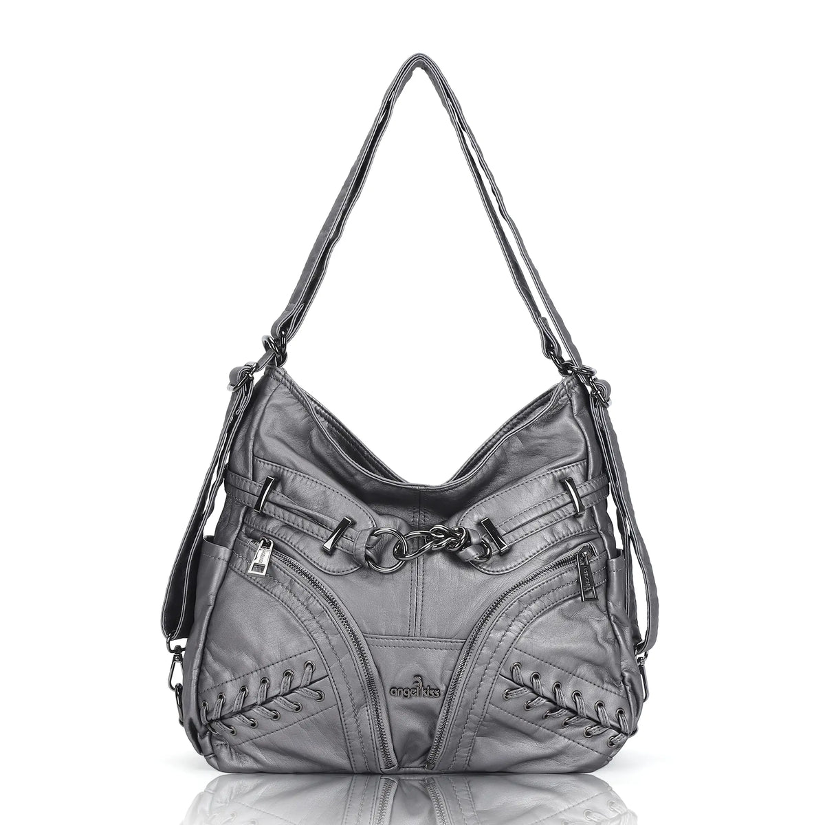 Diagonal Zipper Rivet Hobo Shoulder Bag